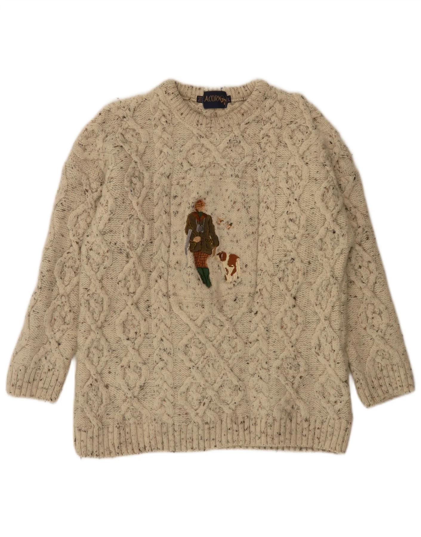 Acorn Mens Graphic Crew Neck Jumper Sweater Large Beige Flecked New Wool