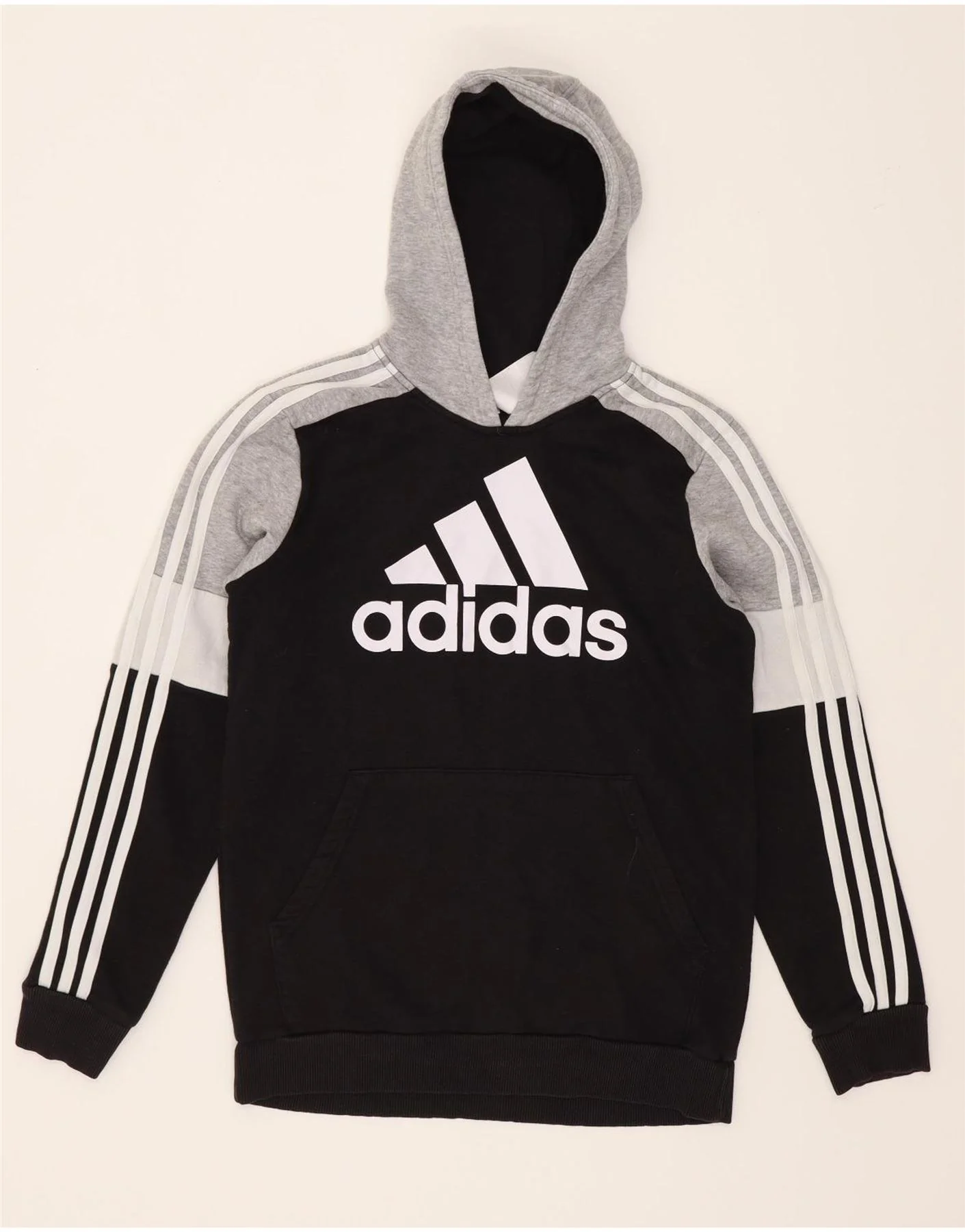 Adidas Boys Graphic Hoodie Jumper 13-14 Years Black Colourblock Cotton