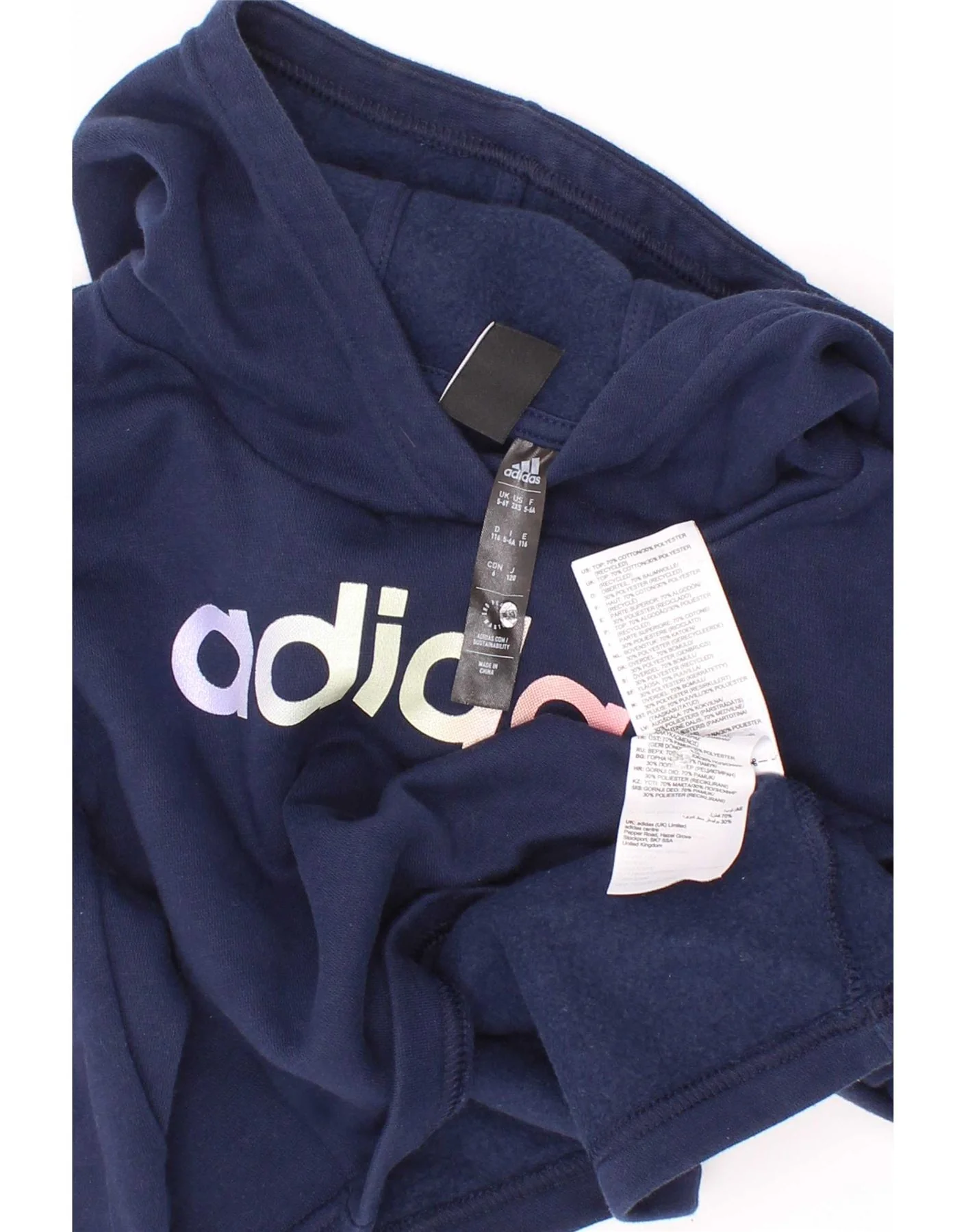Adidas Girls Crop Graphic Hoodie Jumper 5-6 Years Navy Blue Cotton - Image 3