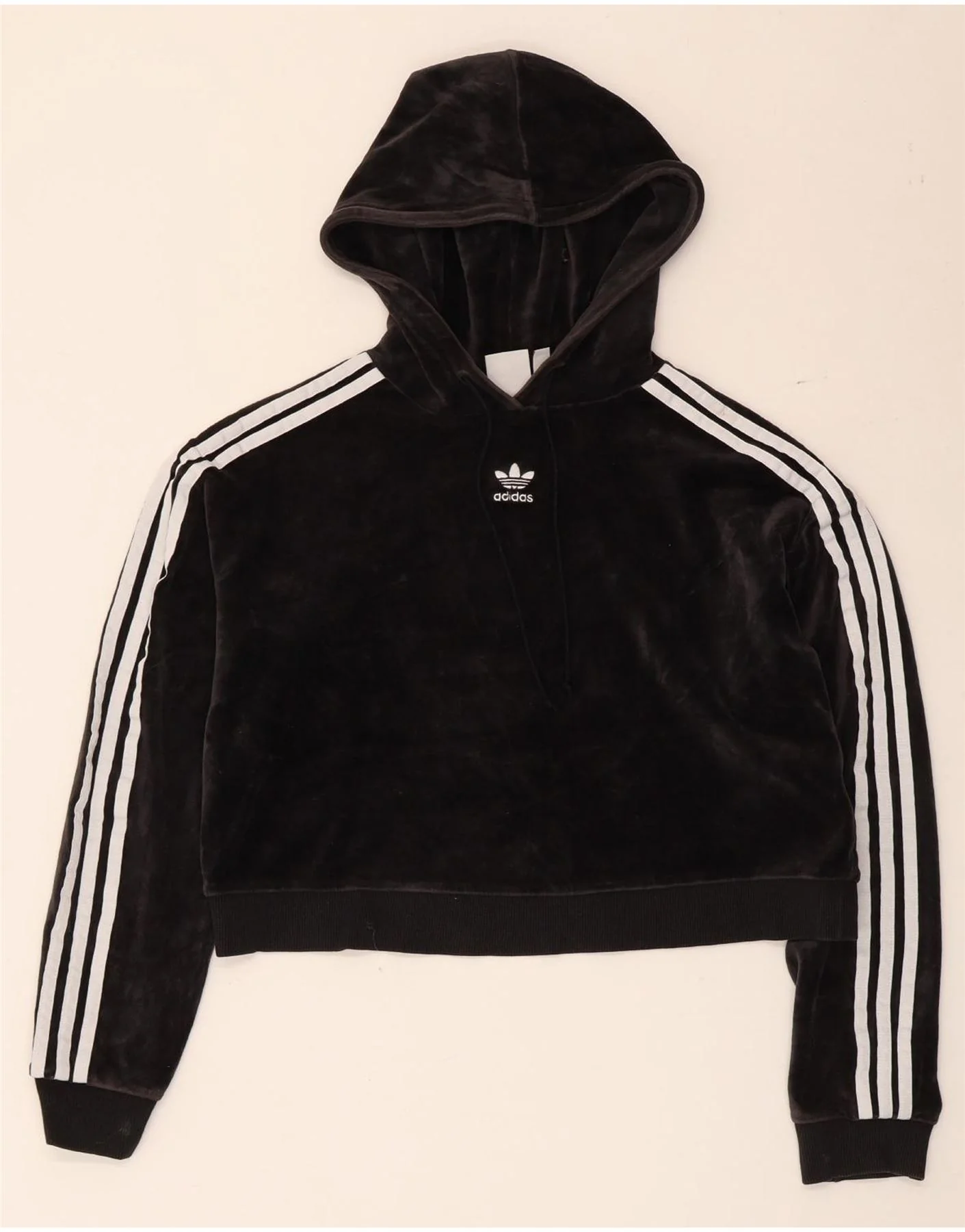 Adidas Womens Oversized Crop Velvet Hoodie Jumper UK 4 XS Black Cotton