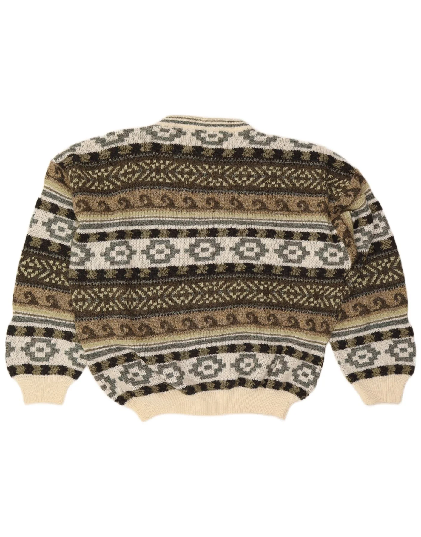 Alcatraz Mens Crew Neck Jumper Sweater Large Khaki Fair Isle Wool - Image 2
