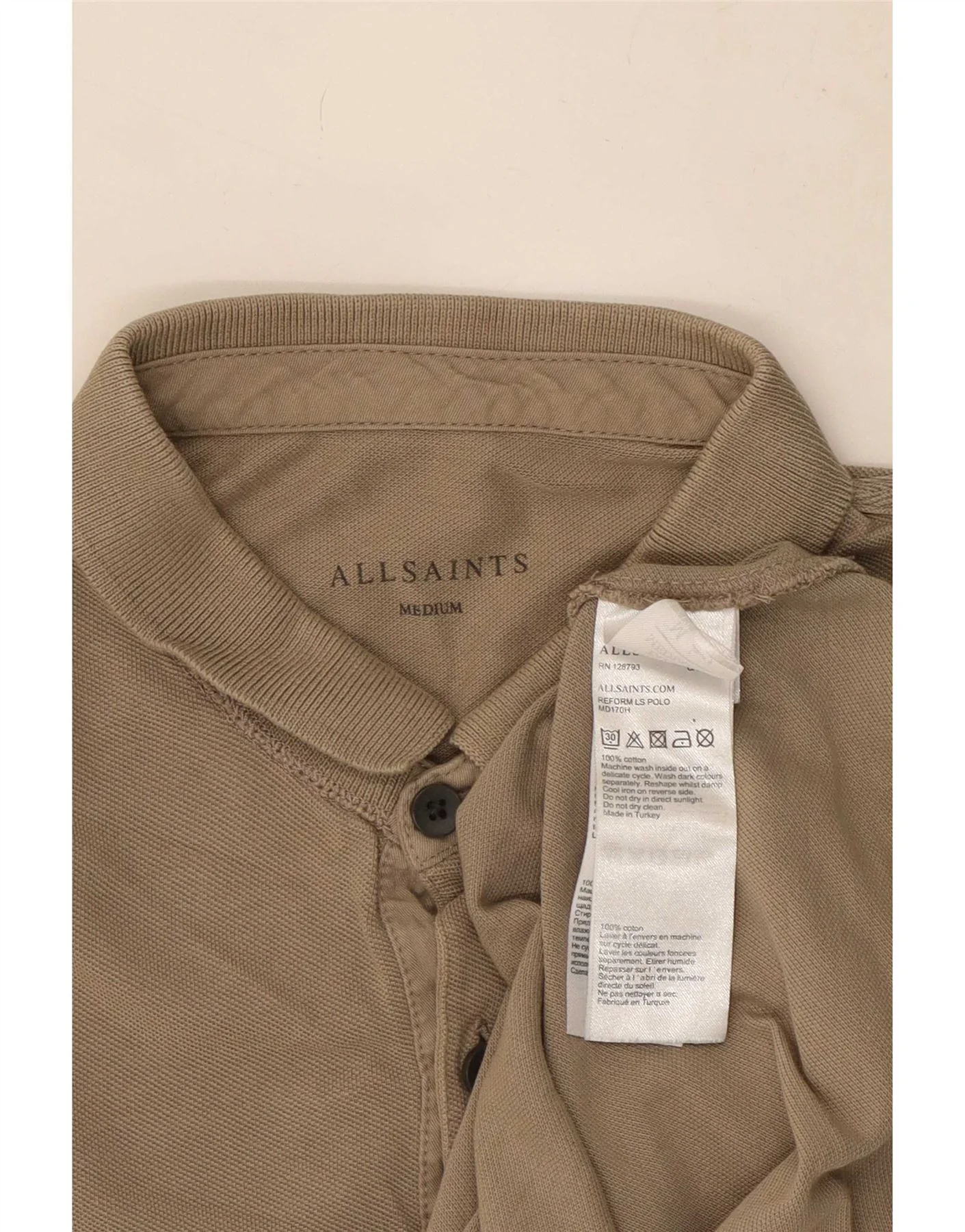 All Saints Mens Long Sleeve Polo Shirt Medium Beige Cotton - Image 3