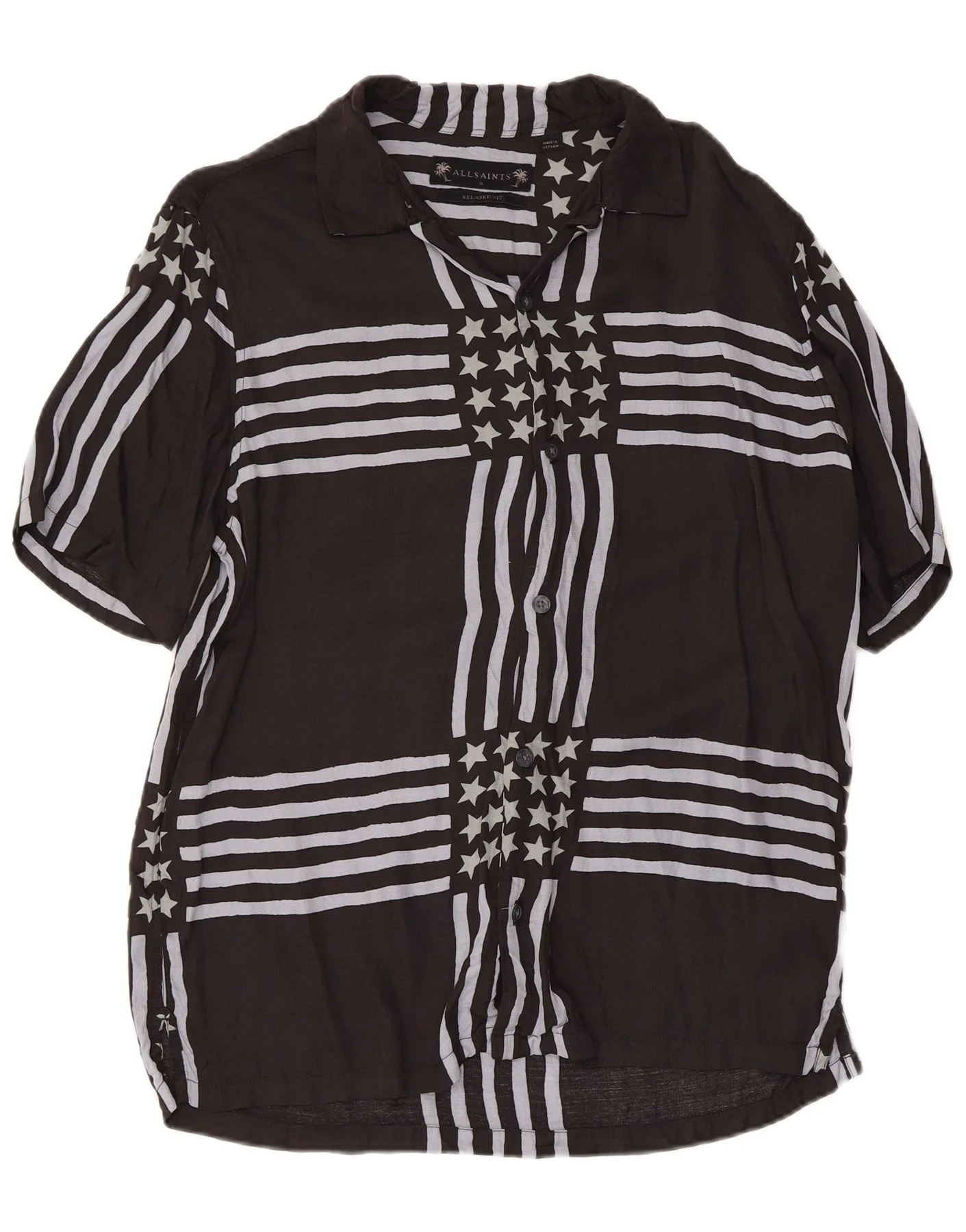 All Saints Mens Short Sleeve Relaxed Fit Shirt Small Black Striped Viscose