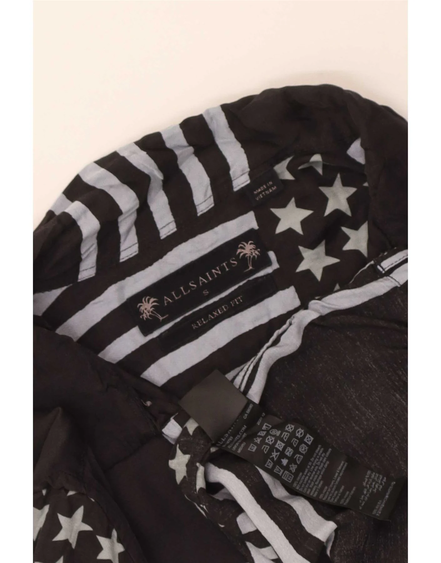 All Saints Mens Short Sleeve Relaxed Fit Shirt Small Black Striped Viscose - Image 3