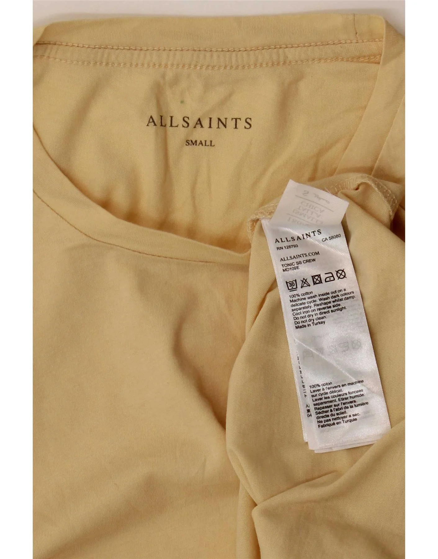 All Saints Mens T-Shirt Top Small Yellow Cotton - Image 3
