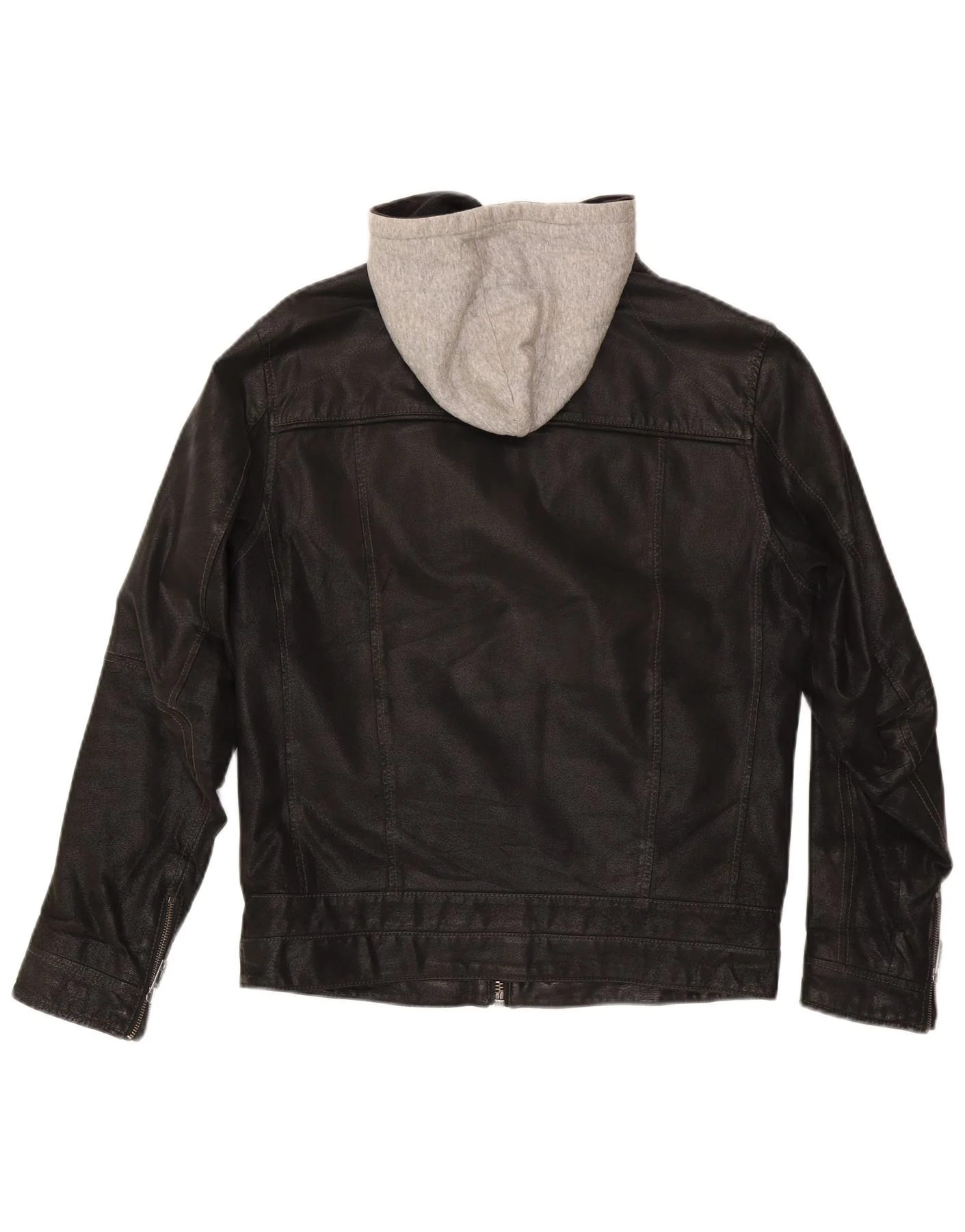 Angelo Litrico Mens Hooded Leather Jacket UK 36 Small Black Colourblock - Image 2