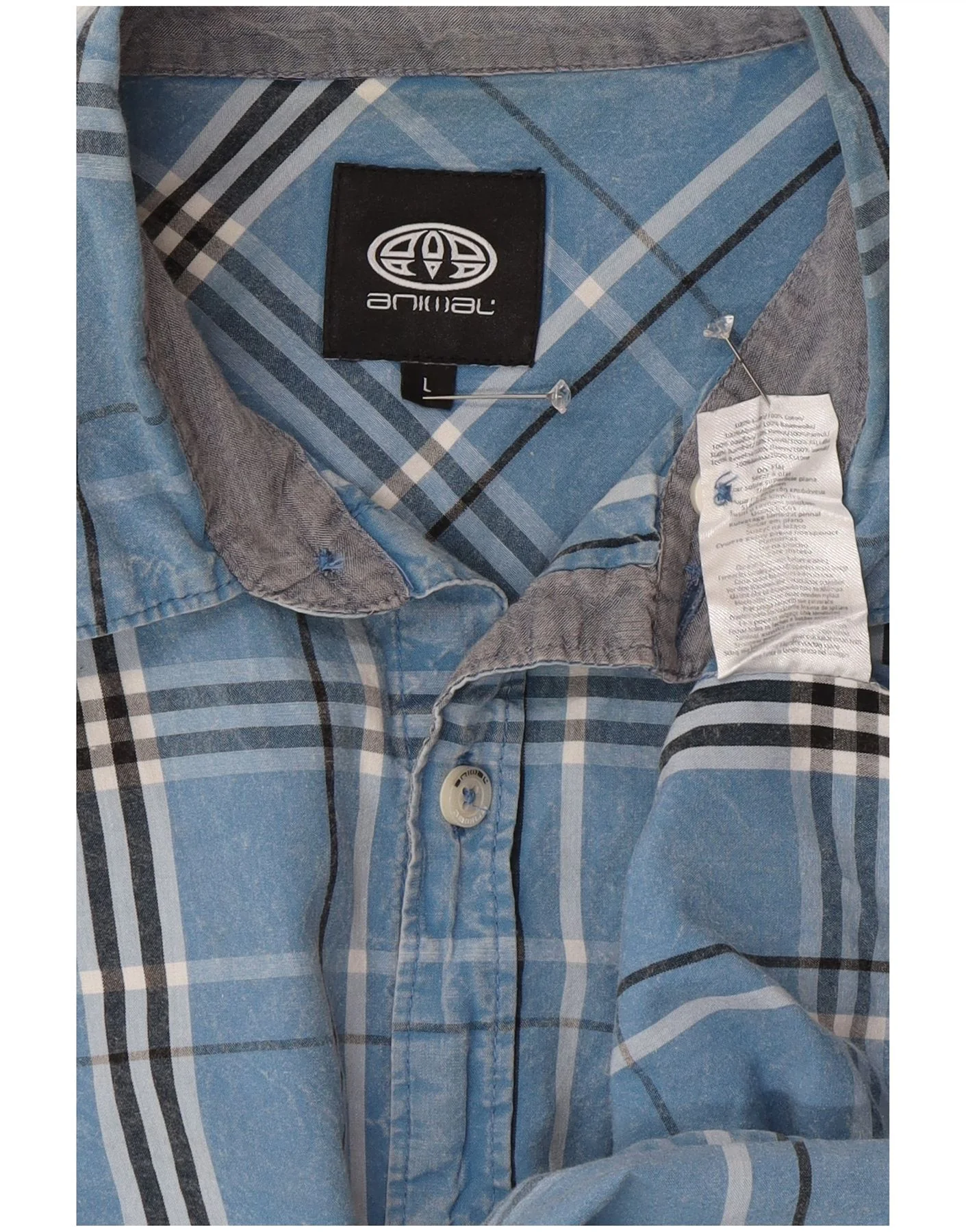 Animal Mens Short Sleeve Shirt Large Blue Check Cotton - Image 3