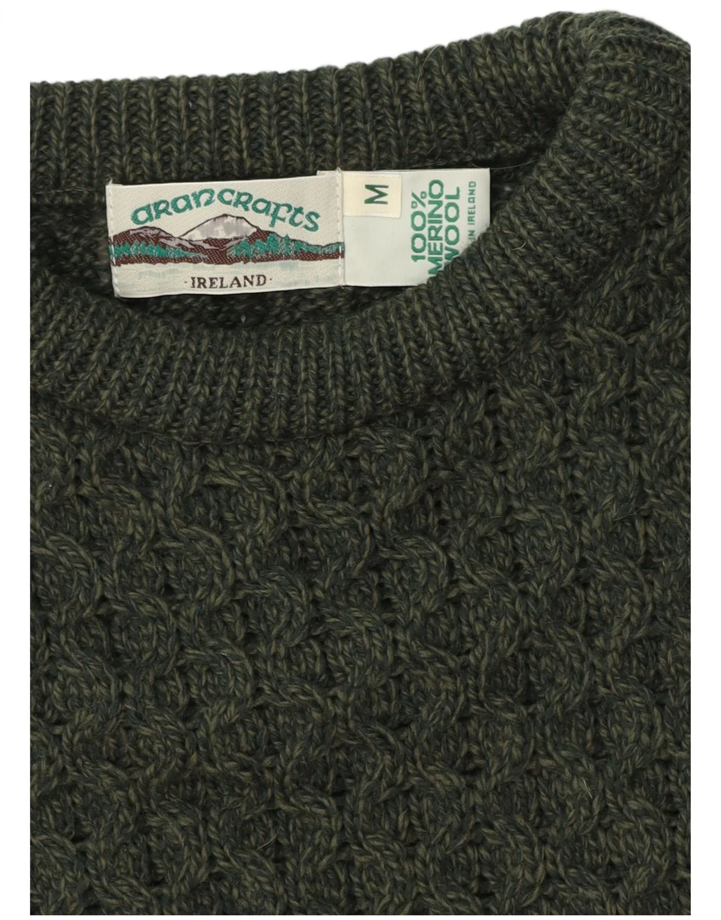 Aran Crafts Mens Boat Neck Jumper Sweater Medium Green Merino Wool - Image 3