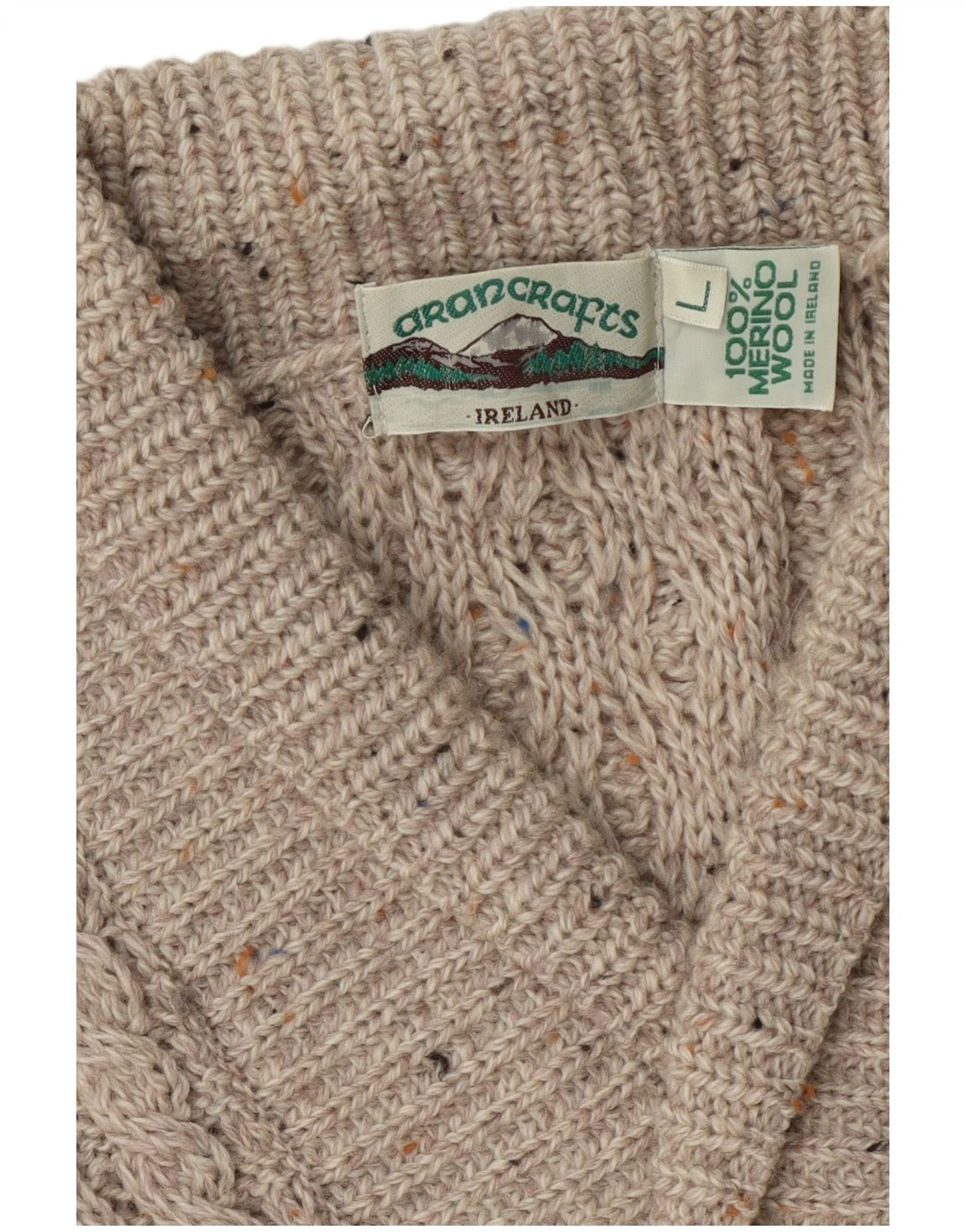Aran Crafts Mens Shawl Neck Jumper Sweater Large Beige Flecked Wool - Image 3