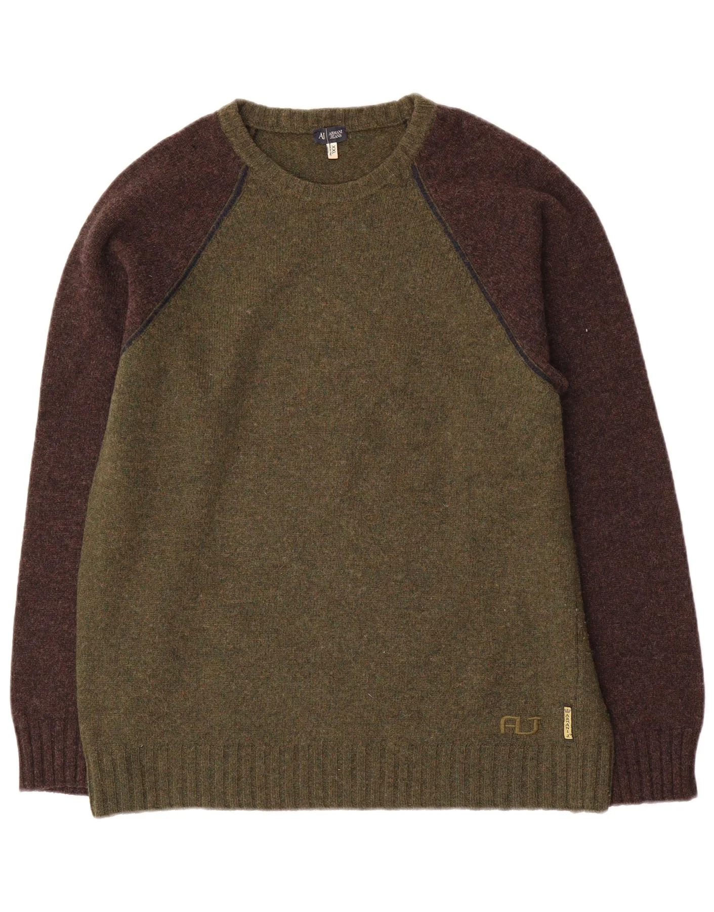 Armani Jeans Mens Crew Neck Jumper Sweater 2XL Khaki Colourblock