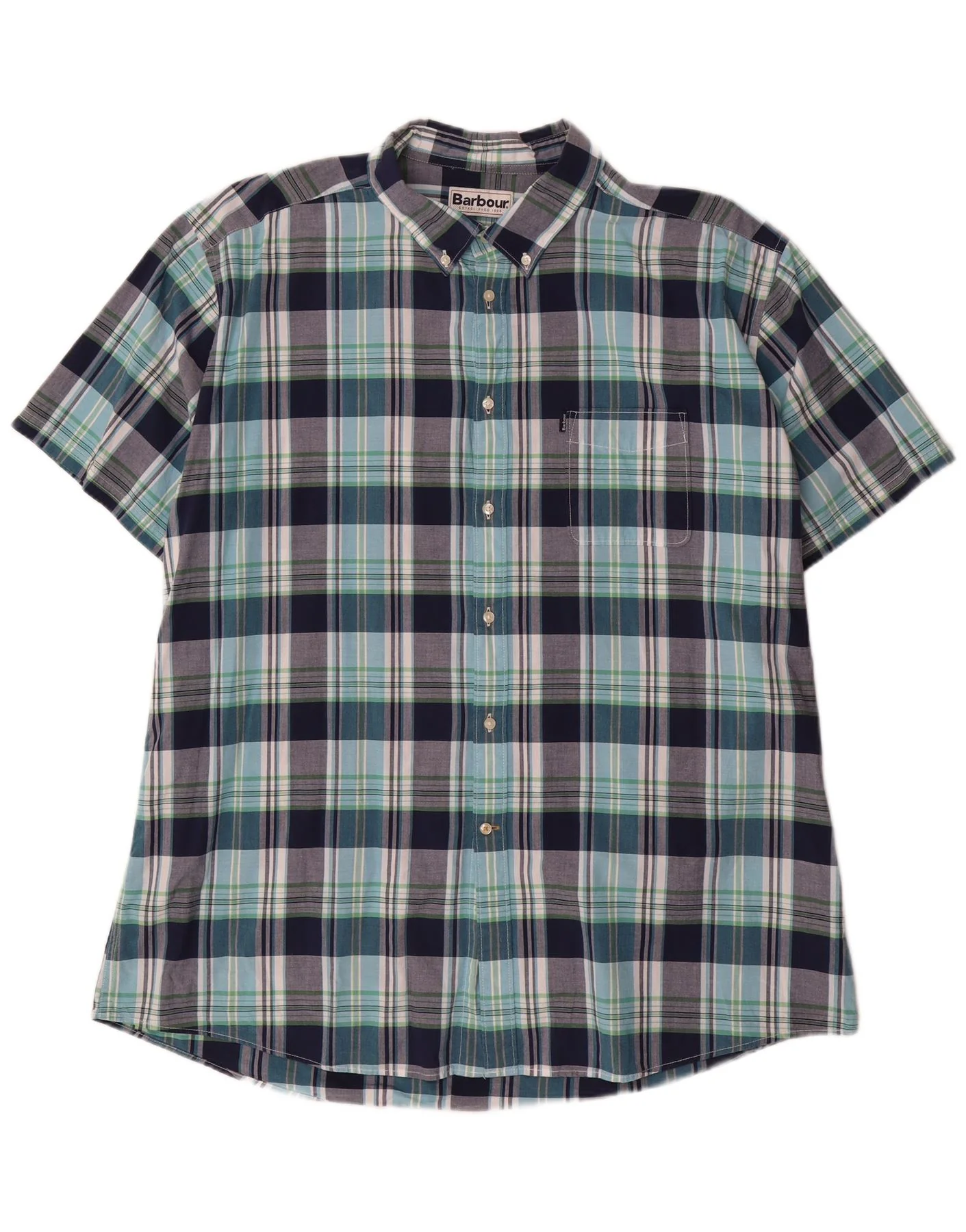 Barbour Mens Short Sleeve Tailored Fit Shirt 3XL Navy Blue Check Cotton