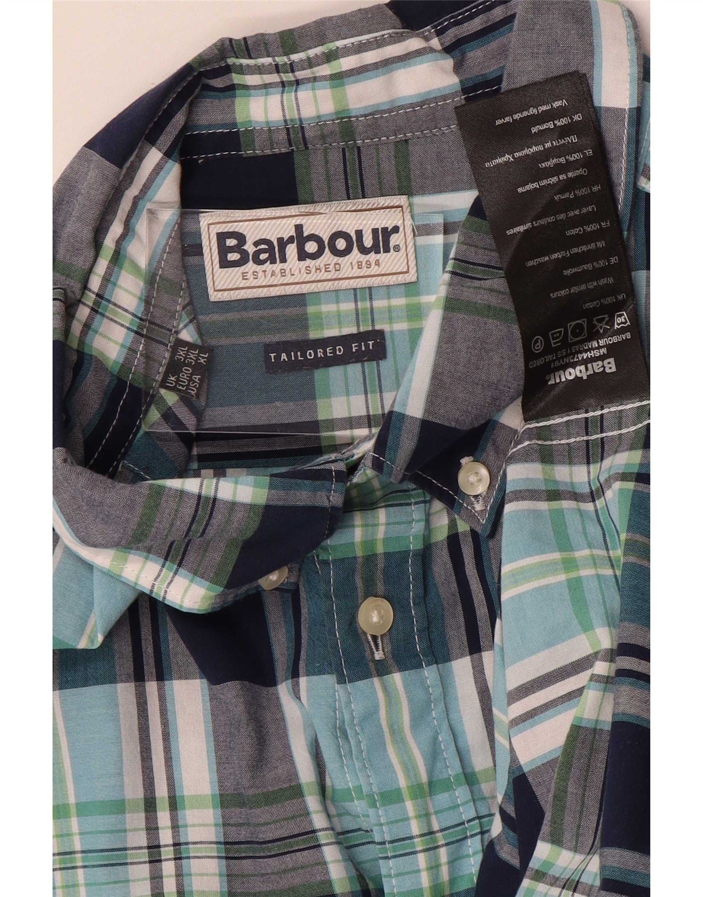 Barbour Mens Short Sleeve Tailored Fit Shirt 3XL Navy Blue Check Cotton - Image 3
