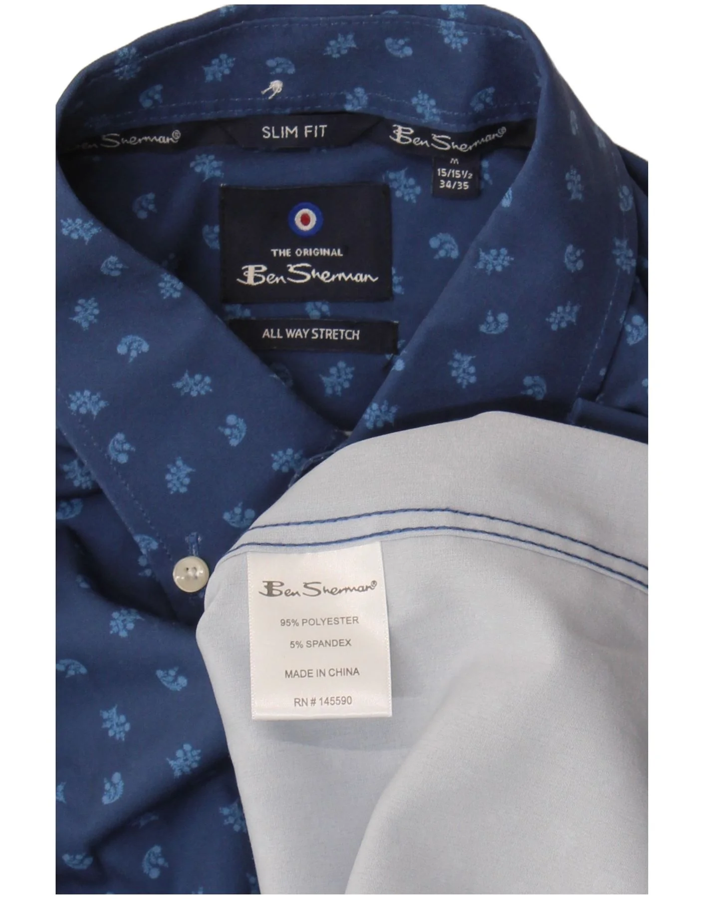 Ben Sherman Mens Slim Fit Shirt Size 15 1/2 Medium Blue Floral Polyester - Image 3