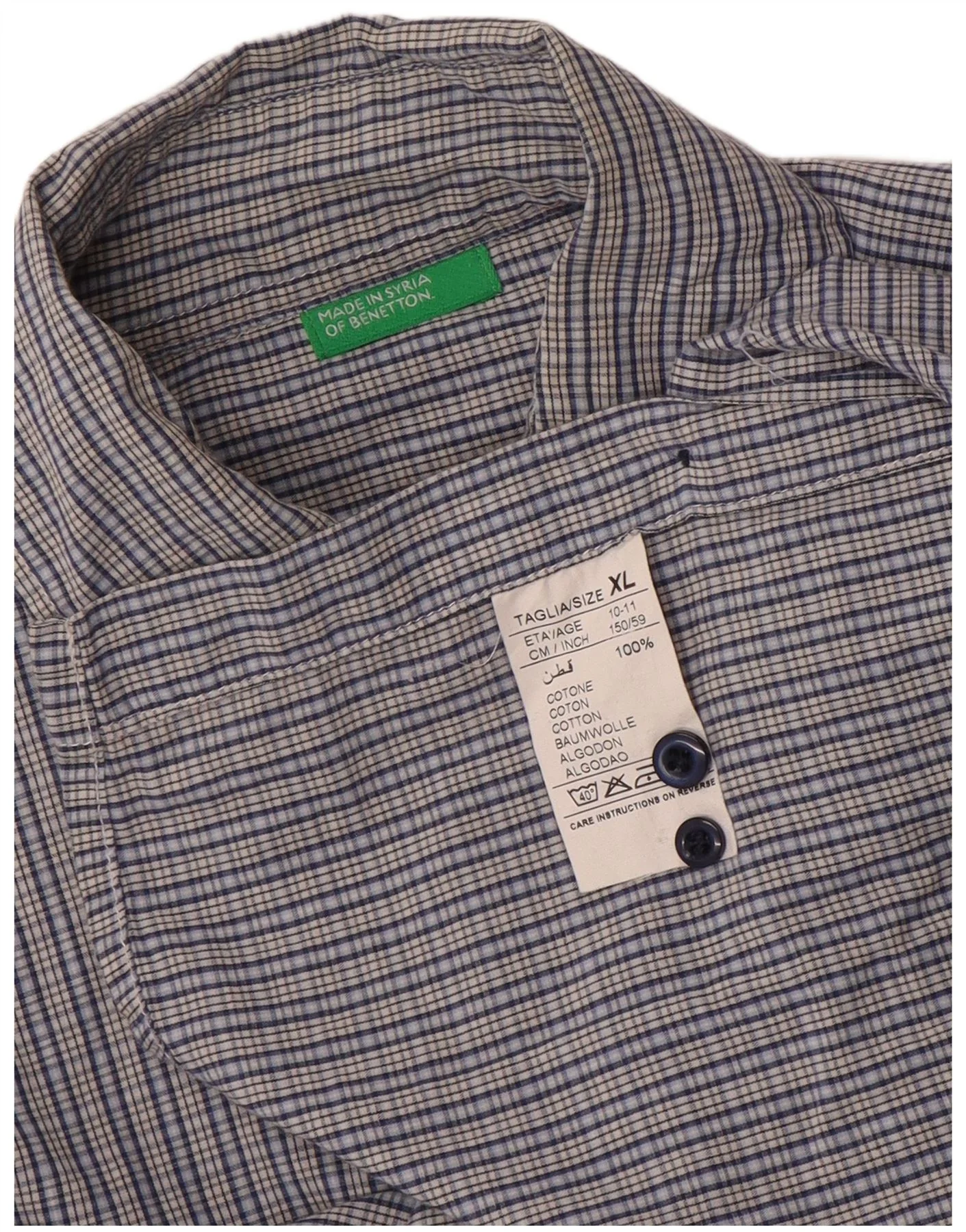 Benetton Boys Shirt 10-11 Years XL Blue Gingham Cotton - Image 3