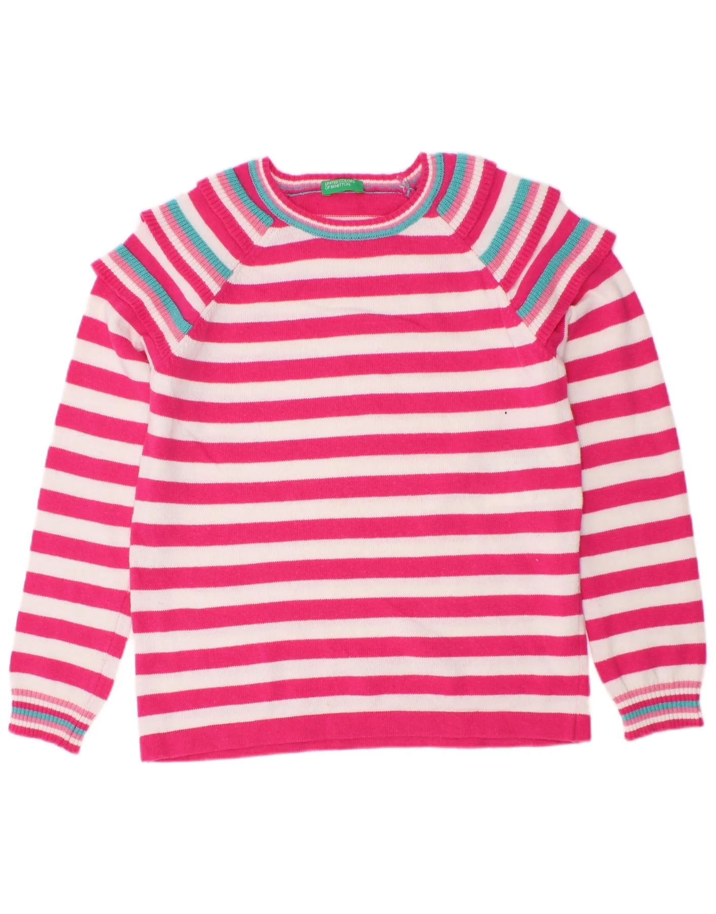 Benetton Girls Boat Neck Jumper Sweater 7-8 Years Medium Pink Striped