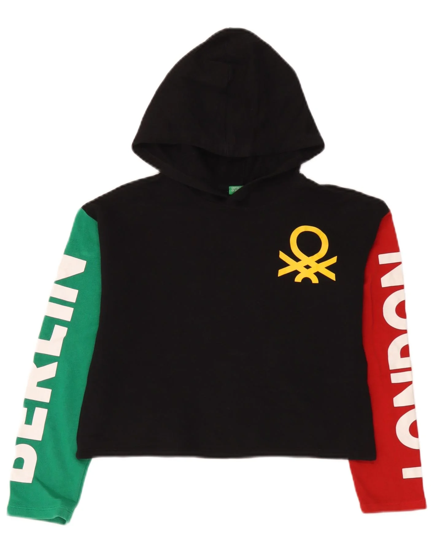 Benetton Girls Crop Graphic Hoodie Jumper 10-11 Years XL Black Colourblock
