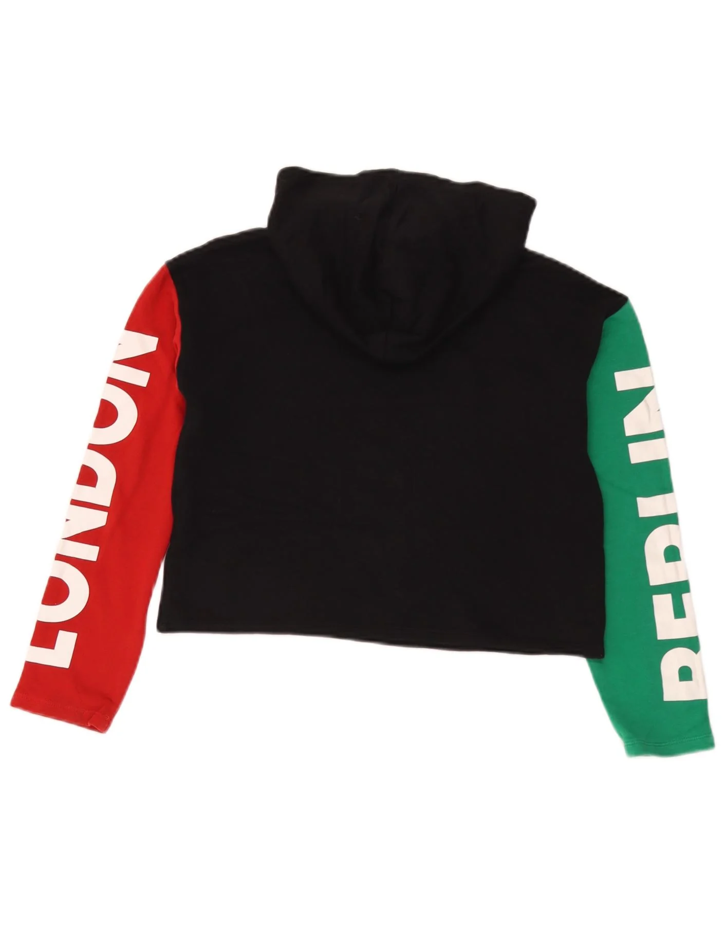 Benetton Girls Crop Graphic Hoodie Jumper 10-11 Years XL Black Colourblock - Image 2