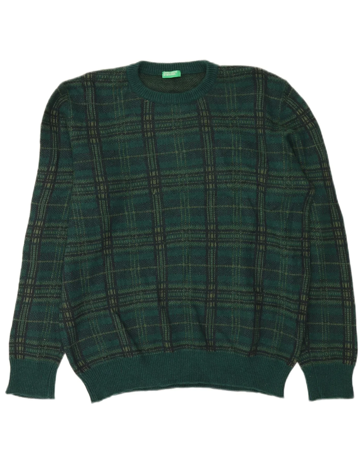 Benetton Mens Crew Neck Jumper Sweater XL Green Check Wool