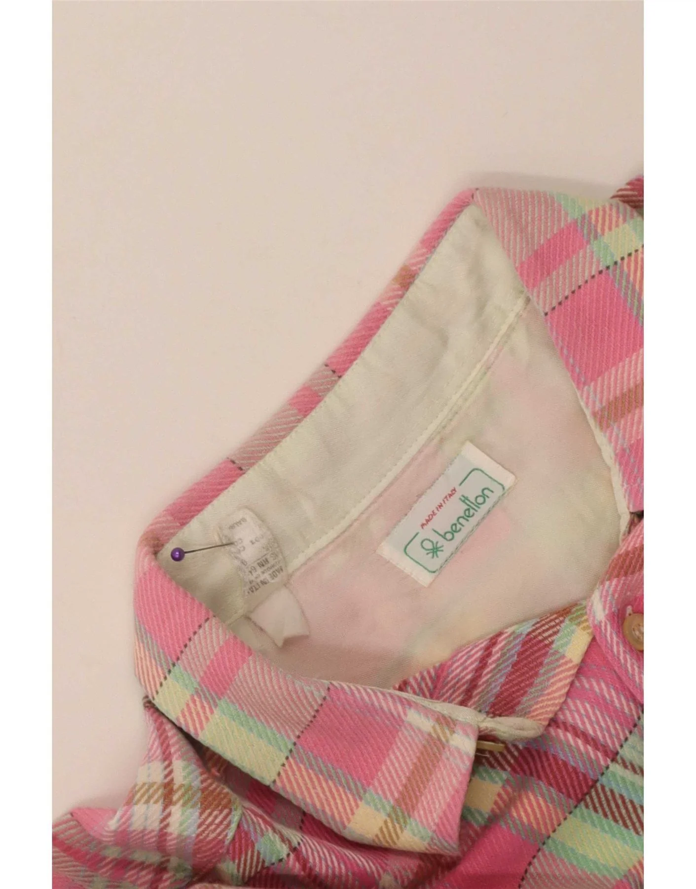 Benetton Mens Flannel Shirt Large Pink Check Cotton - Image 3