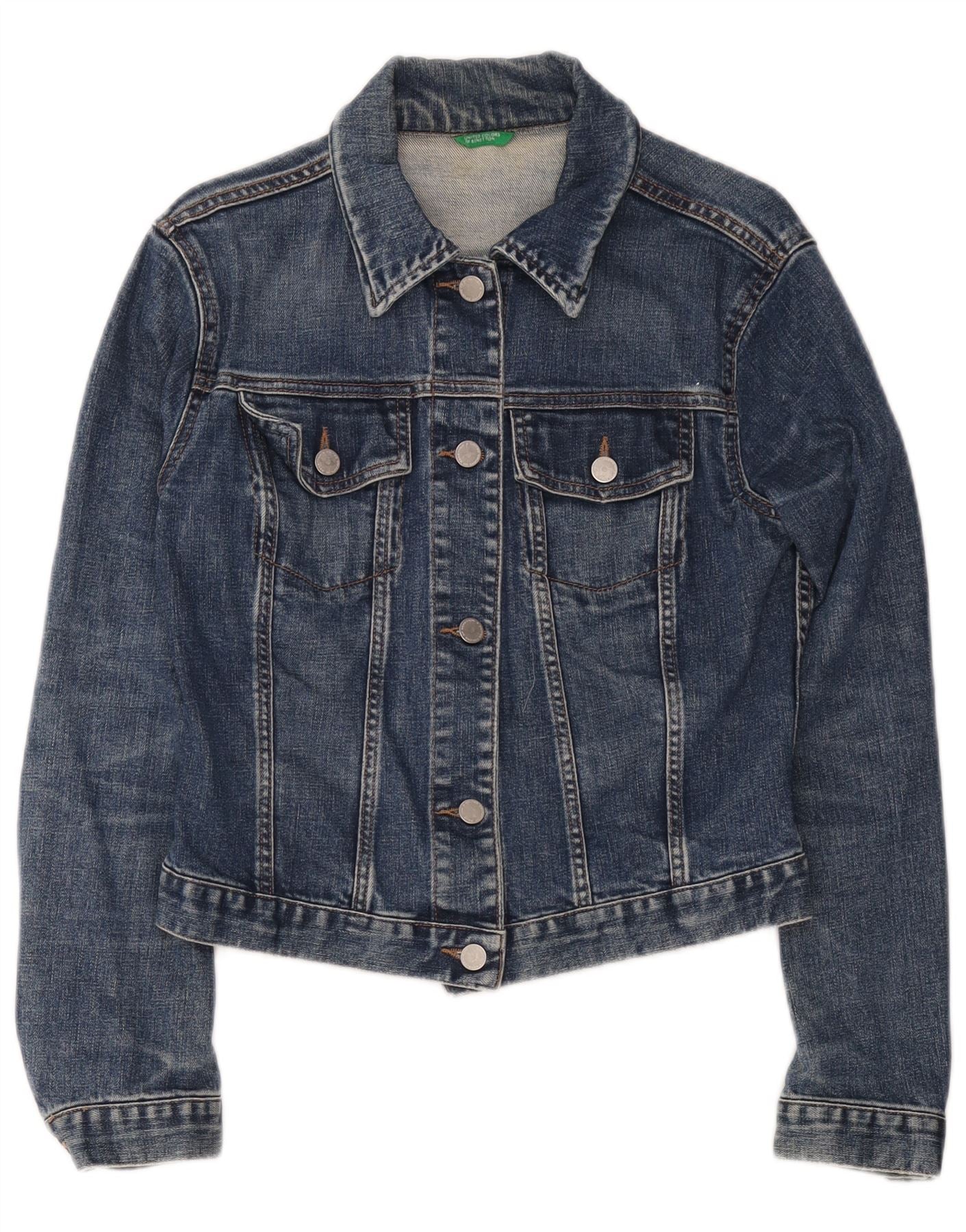Benetton Womens Crop Denim Jacket UK 12 Medium Blue Cotton