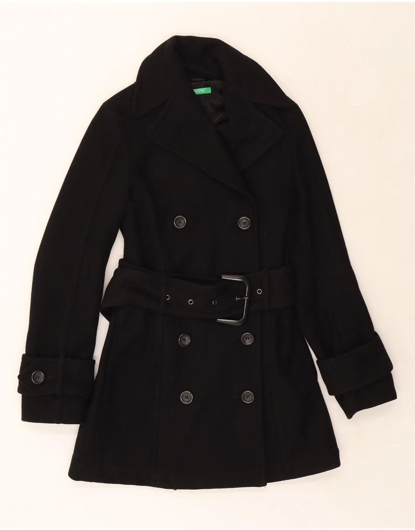 Benetton Womens Double Breasted Coat UK 8 Small Black