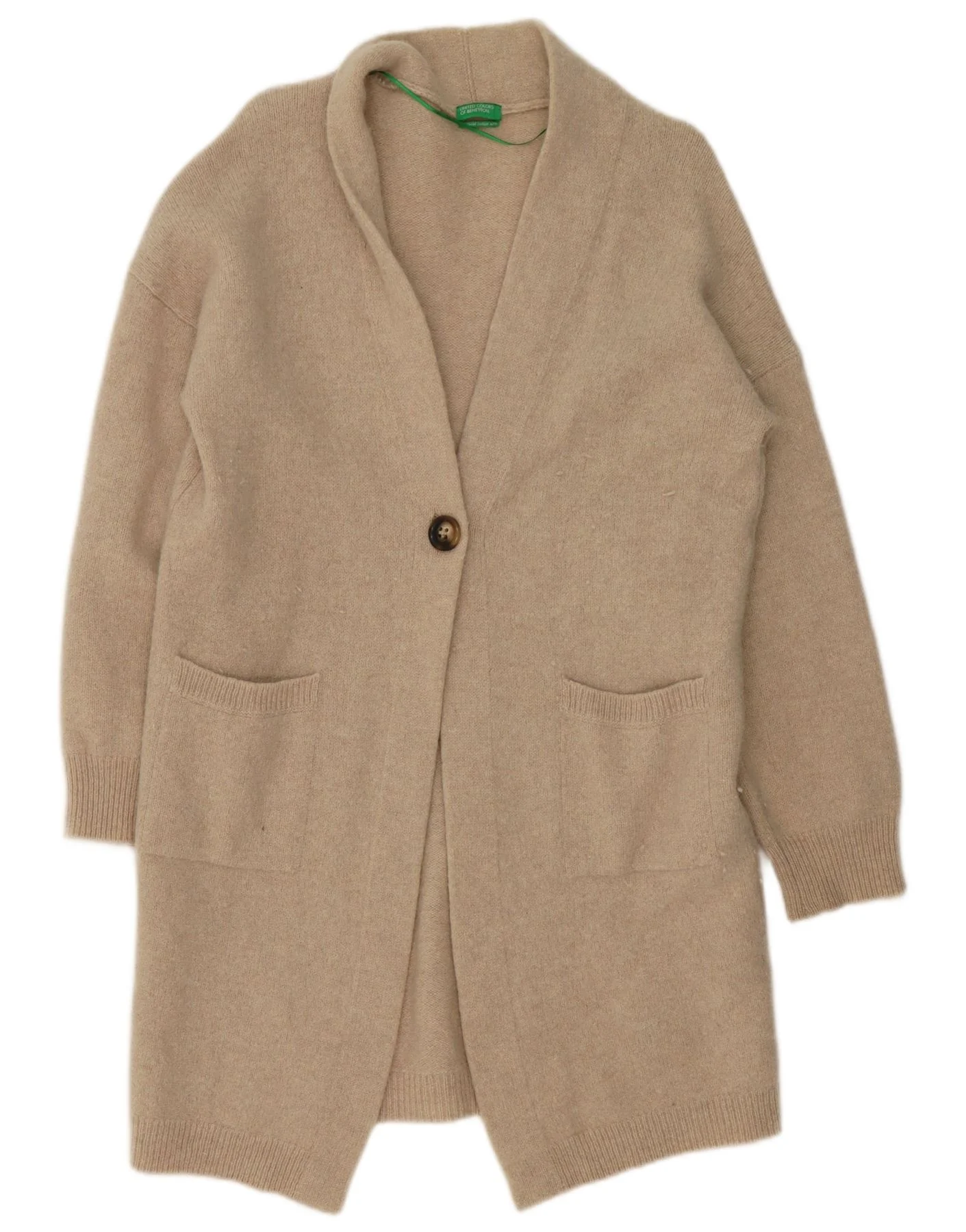 Benetton Womens Longline Cardigan Sweater UK 14 Large Beige Wool