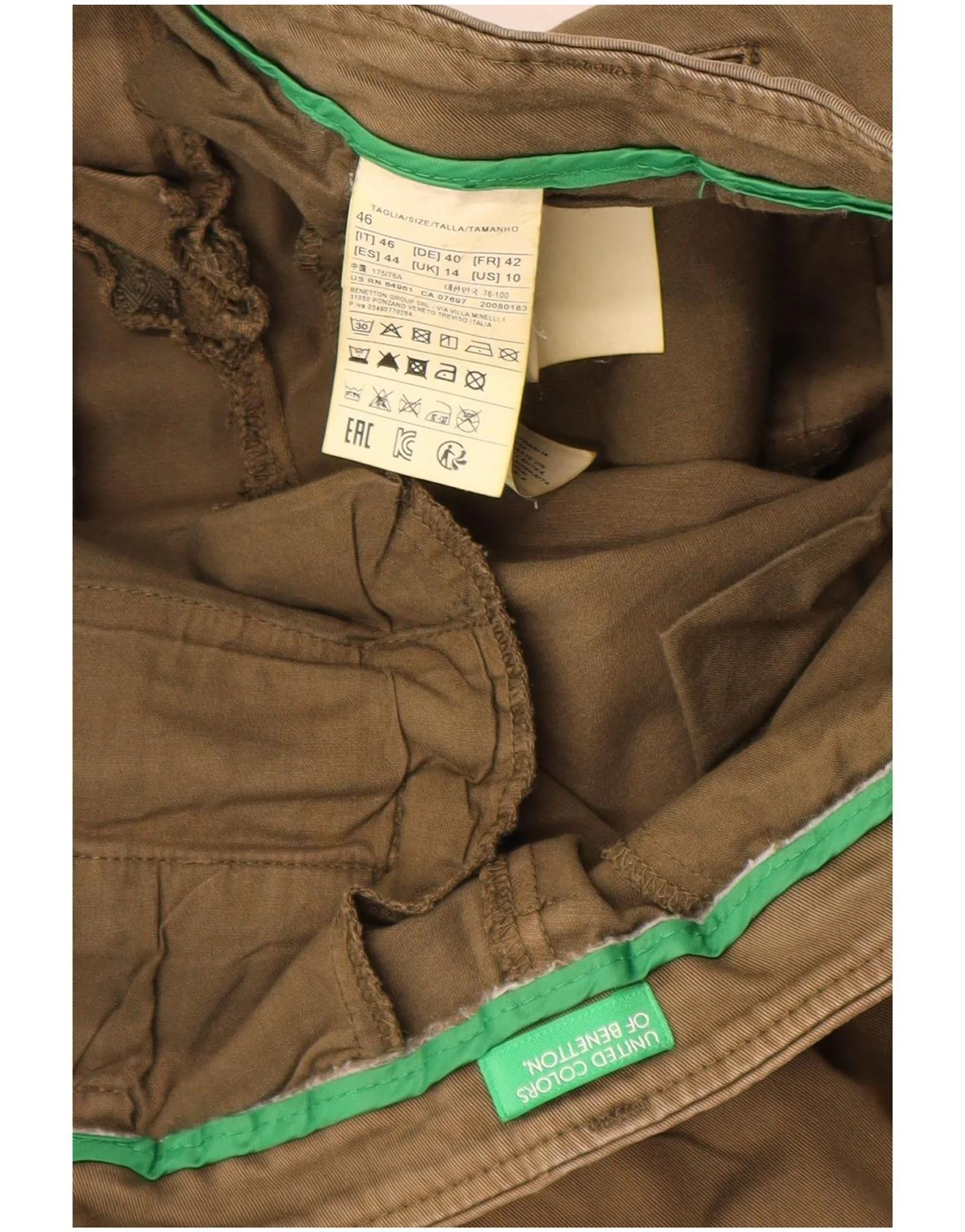 Benetton Womens Slim Chino Trousers UK 14 Large W34 L28 Khaki Cotton - Image 3
