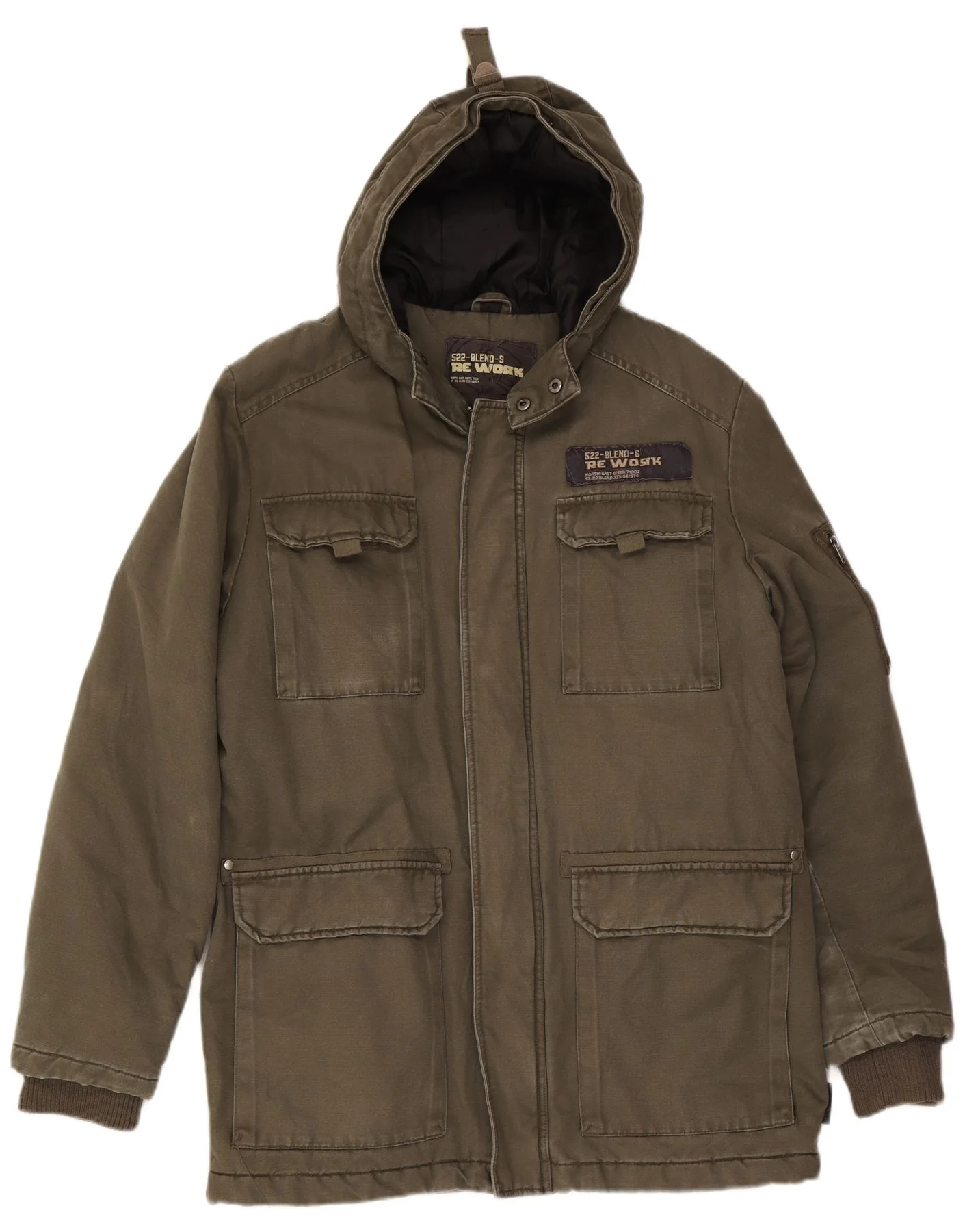 Blend Mens Hooded Parka Jacket UK 40 Large Khaki Cotton