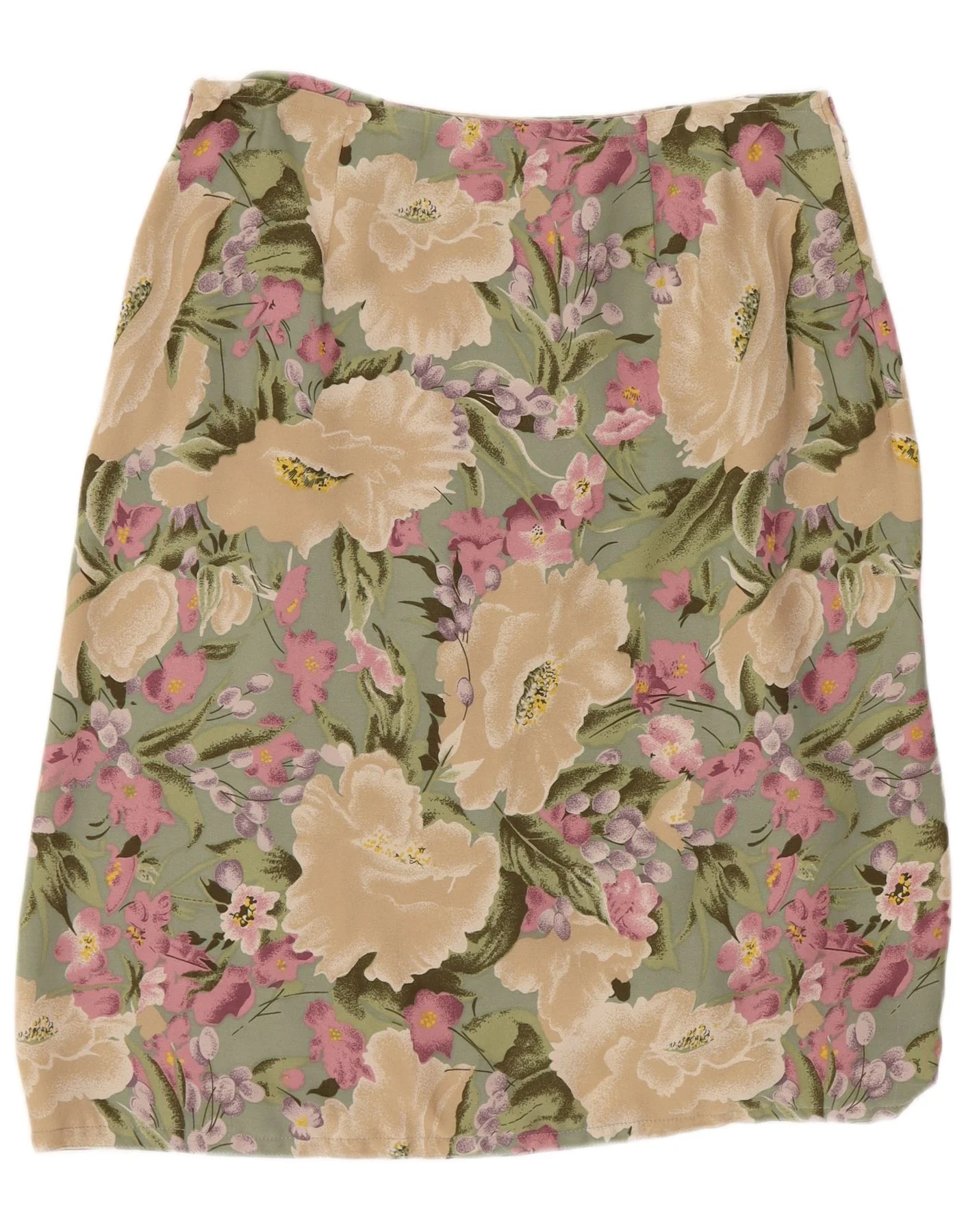 Blunauta Womens Midi Skirt IT 38 XS W28 Green Floral Silk - Image 2