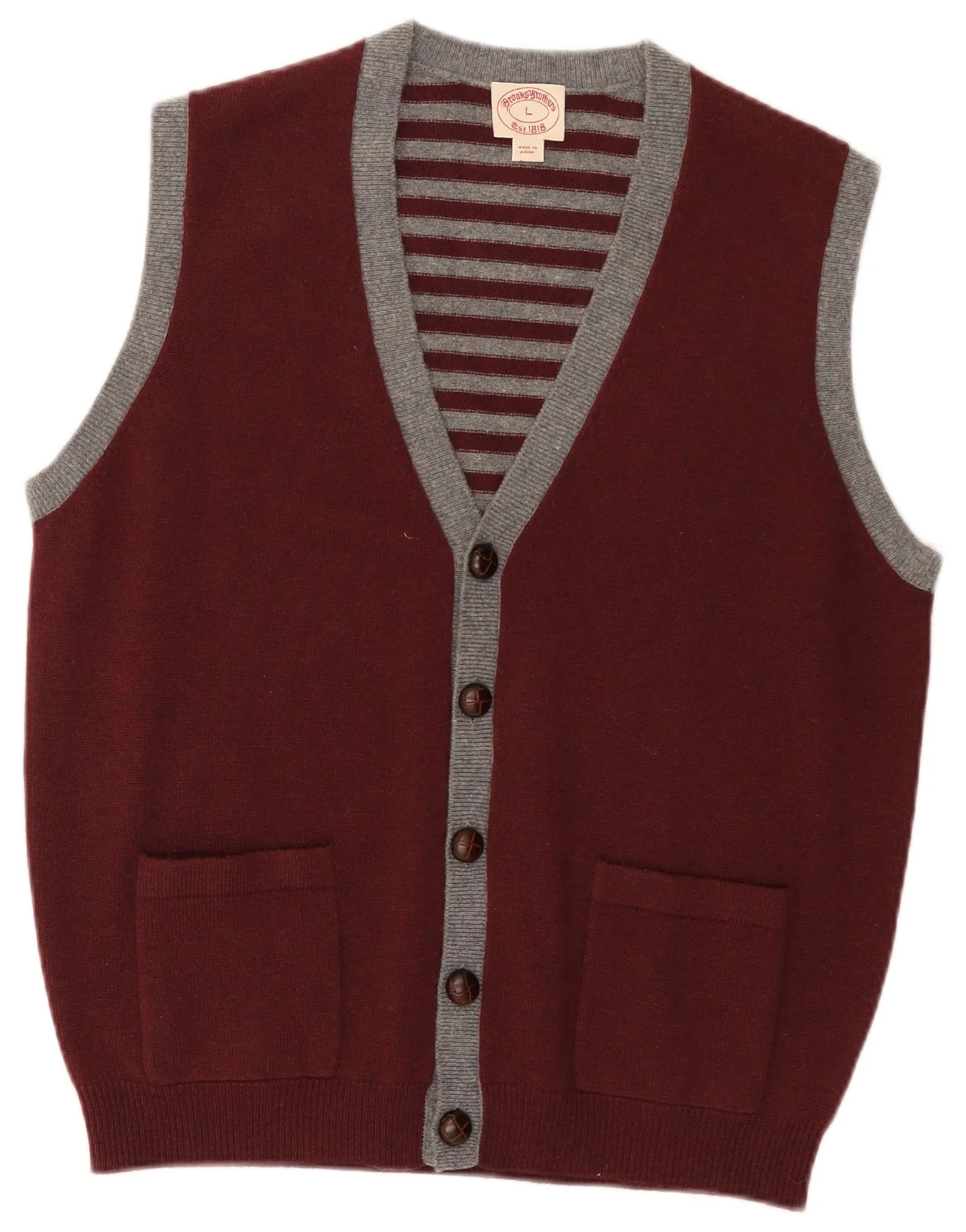 Brooks Brothers Mens Sleeveless Cardigan Sweater Large Burgundy Striped
