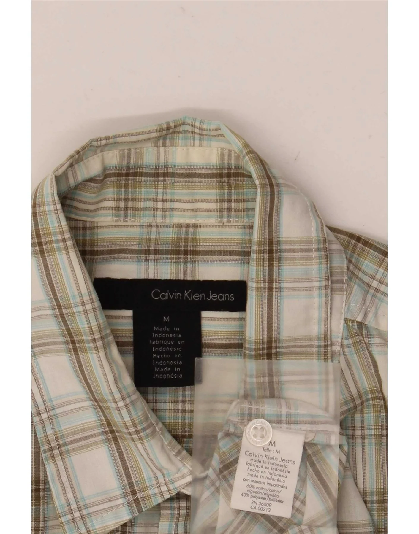 Calvin Klein Jeans Mens Short Sleeve Military Shirt Medium Beige Check - Image 3