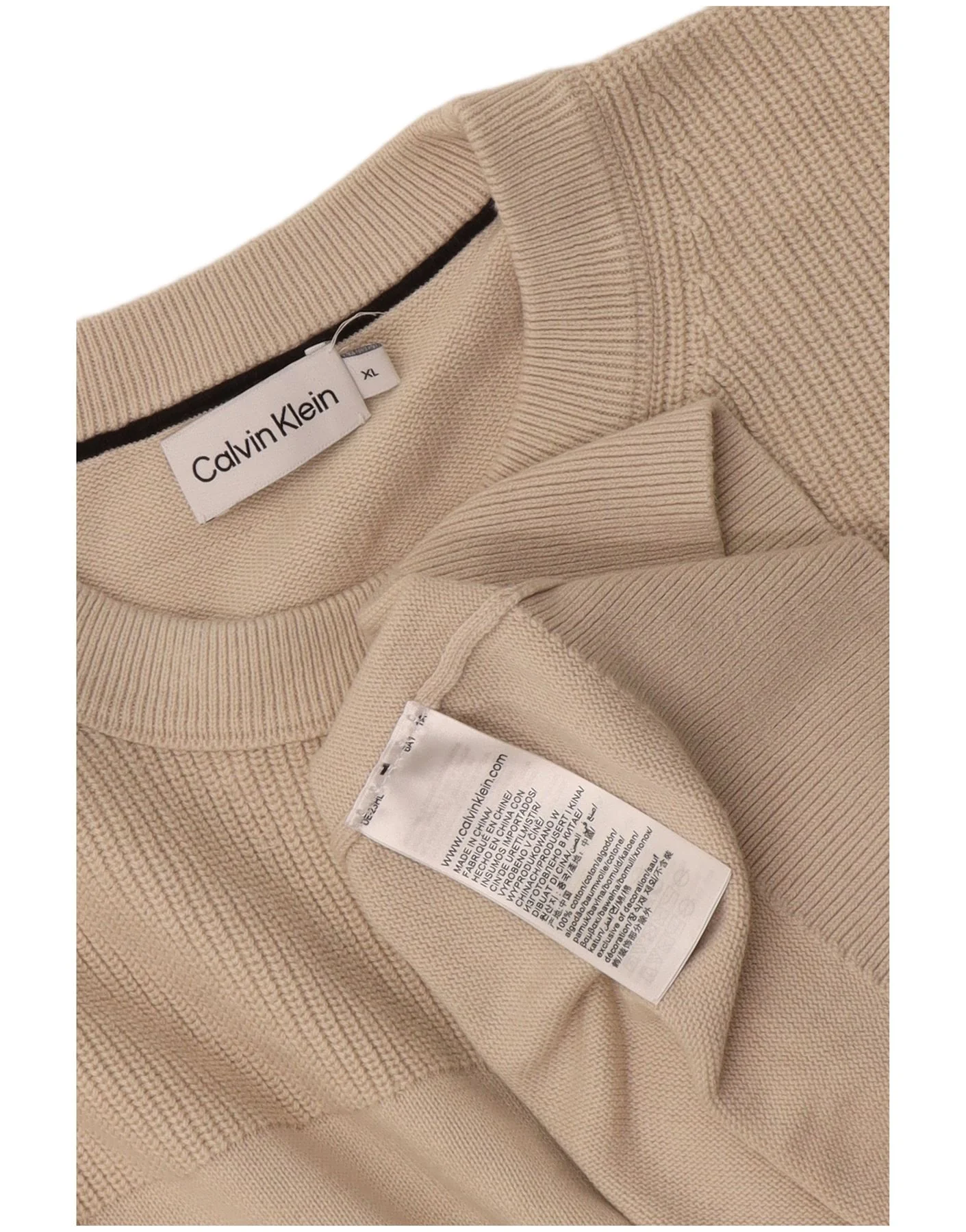 Calvin Klein Mens Crew Neck Jumper Sweater XL Beige Cotton - Image 3
