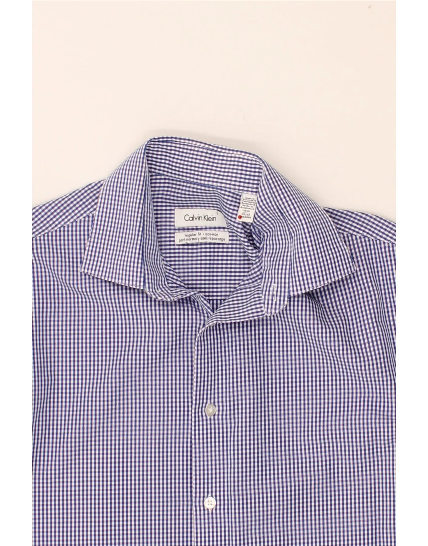 CALVIN KLEIN Mens Regular Fit Shirt Size 15 1/2 Medium Blue Gingham Cotton - Image 3
