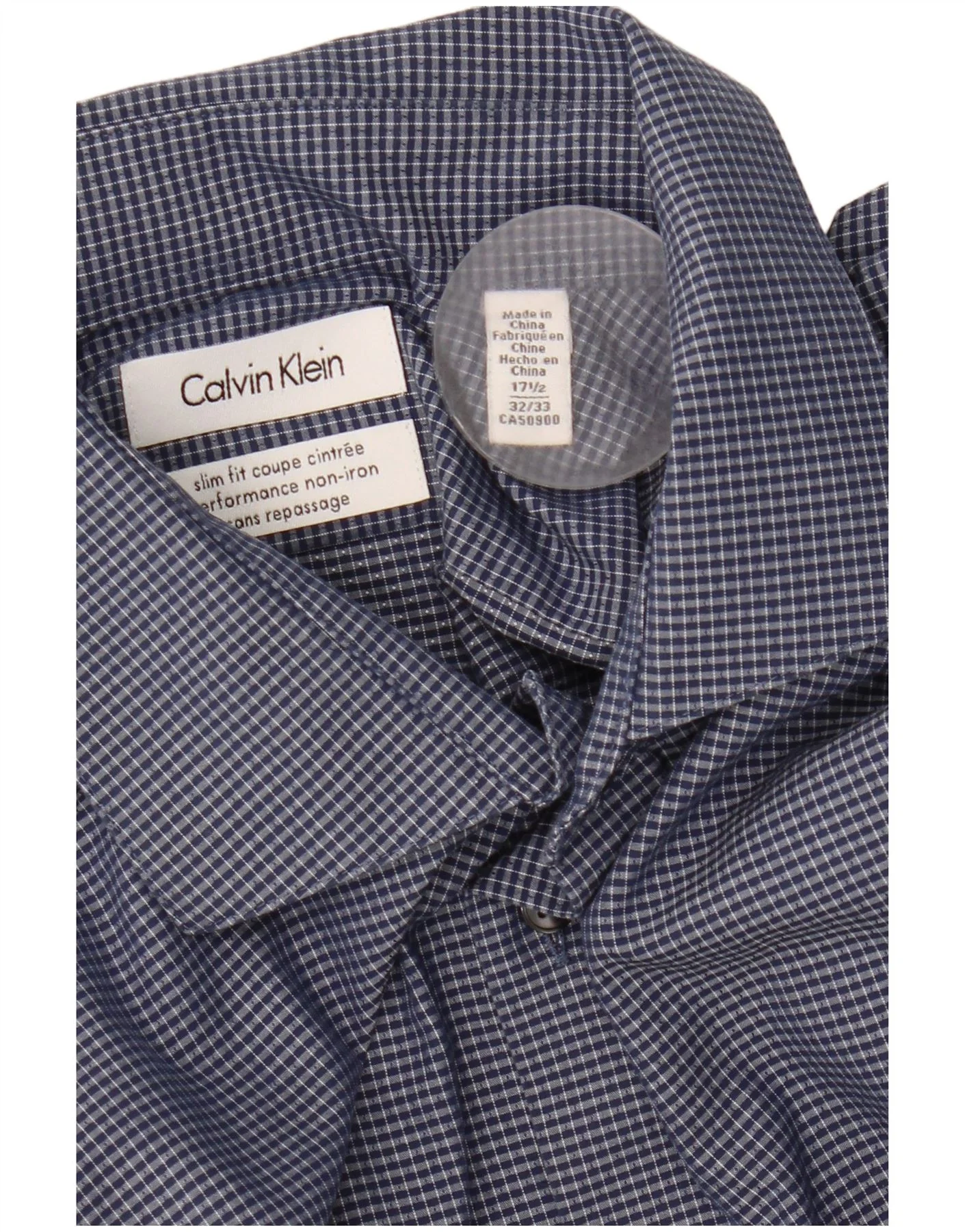 Calvin Klein Mens Slim Fit Shirt Size 17 1/2 XL Navy Blue Gingham Cotton - Image 4