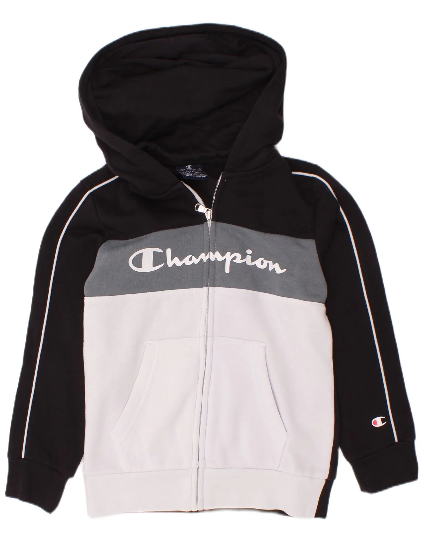 Champion Boys Graphic Zip Hoodie Sweater 7-8 Years Small Black Colourblock