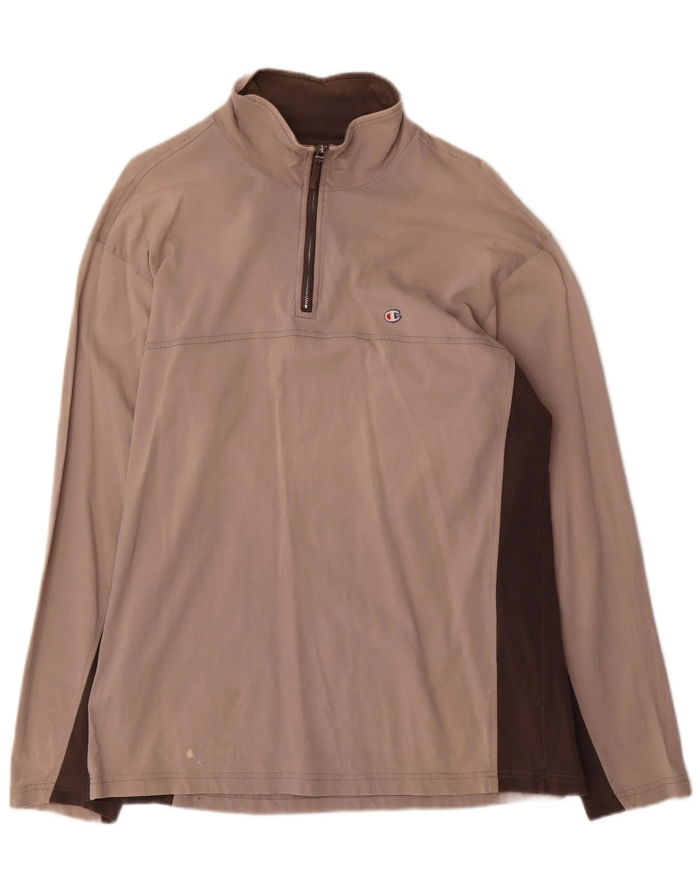 Champion Mens Zip Neck Top Long Sleeve XL Beige Colourblock Cotton