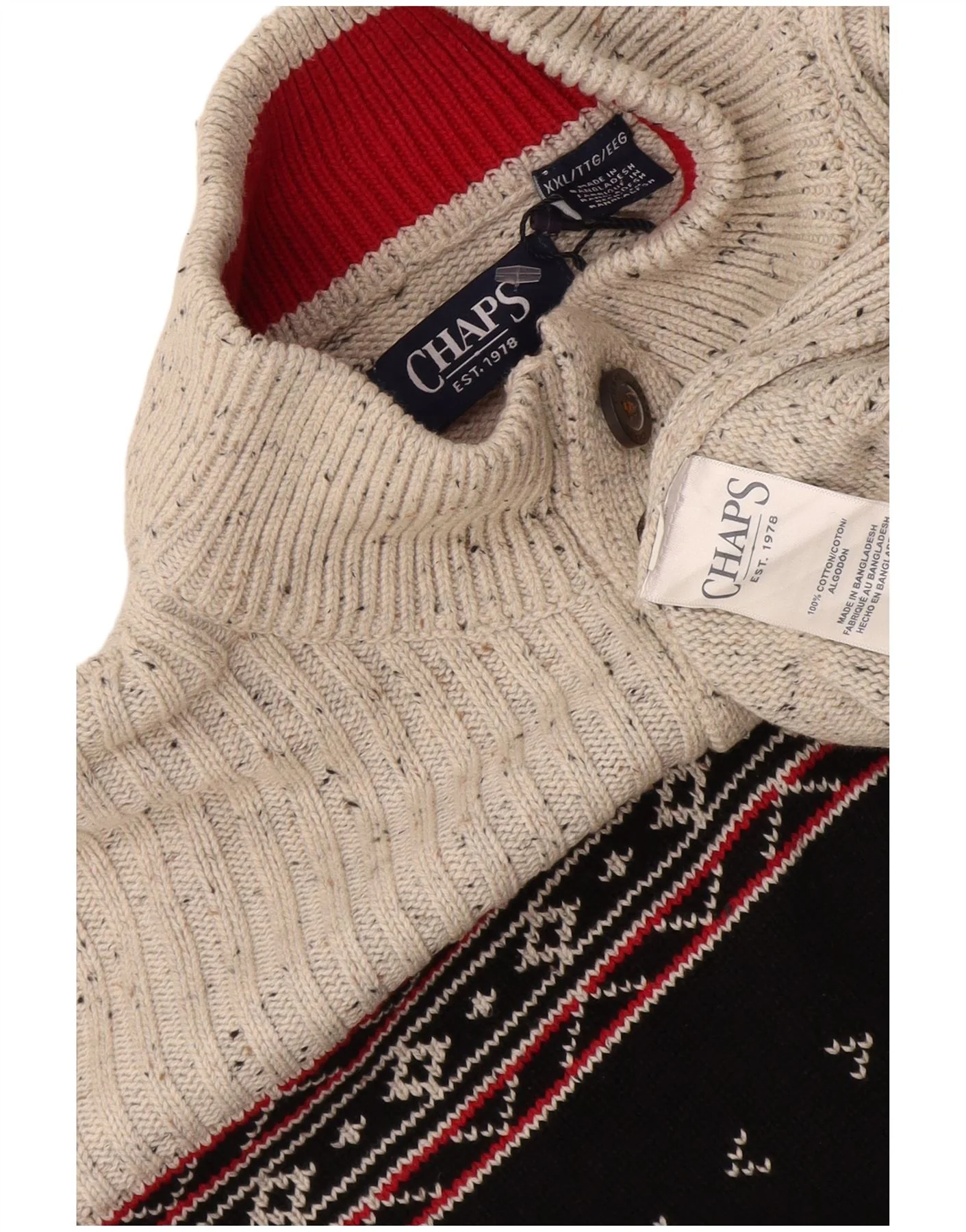Chaps Mens Button Neck Jumper Sweater 2XL Grey Fair Isle Cotton - Image 3