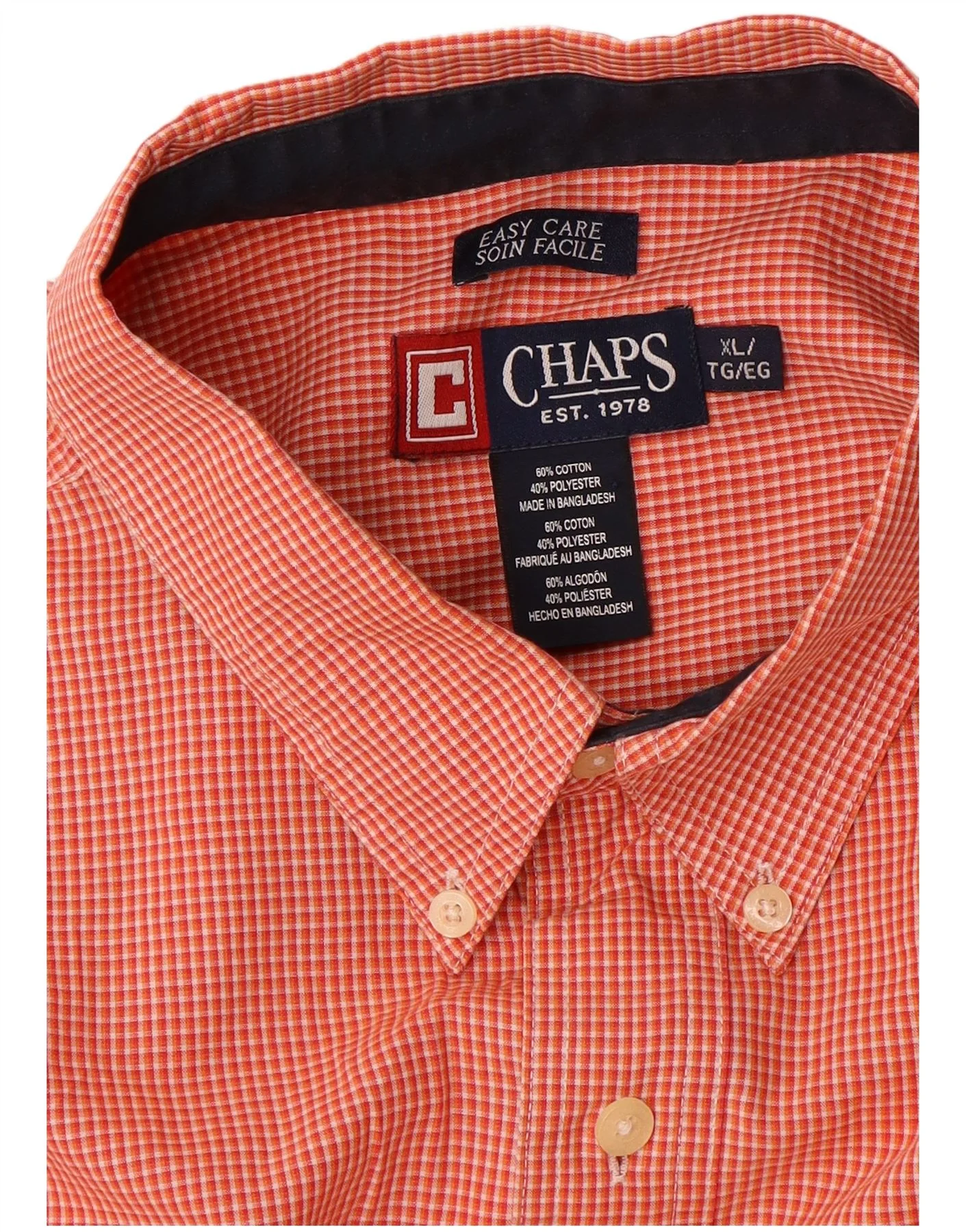 Chaps Mens Shirt XL Orange Gingham Cotton - Image 3