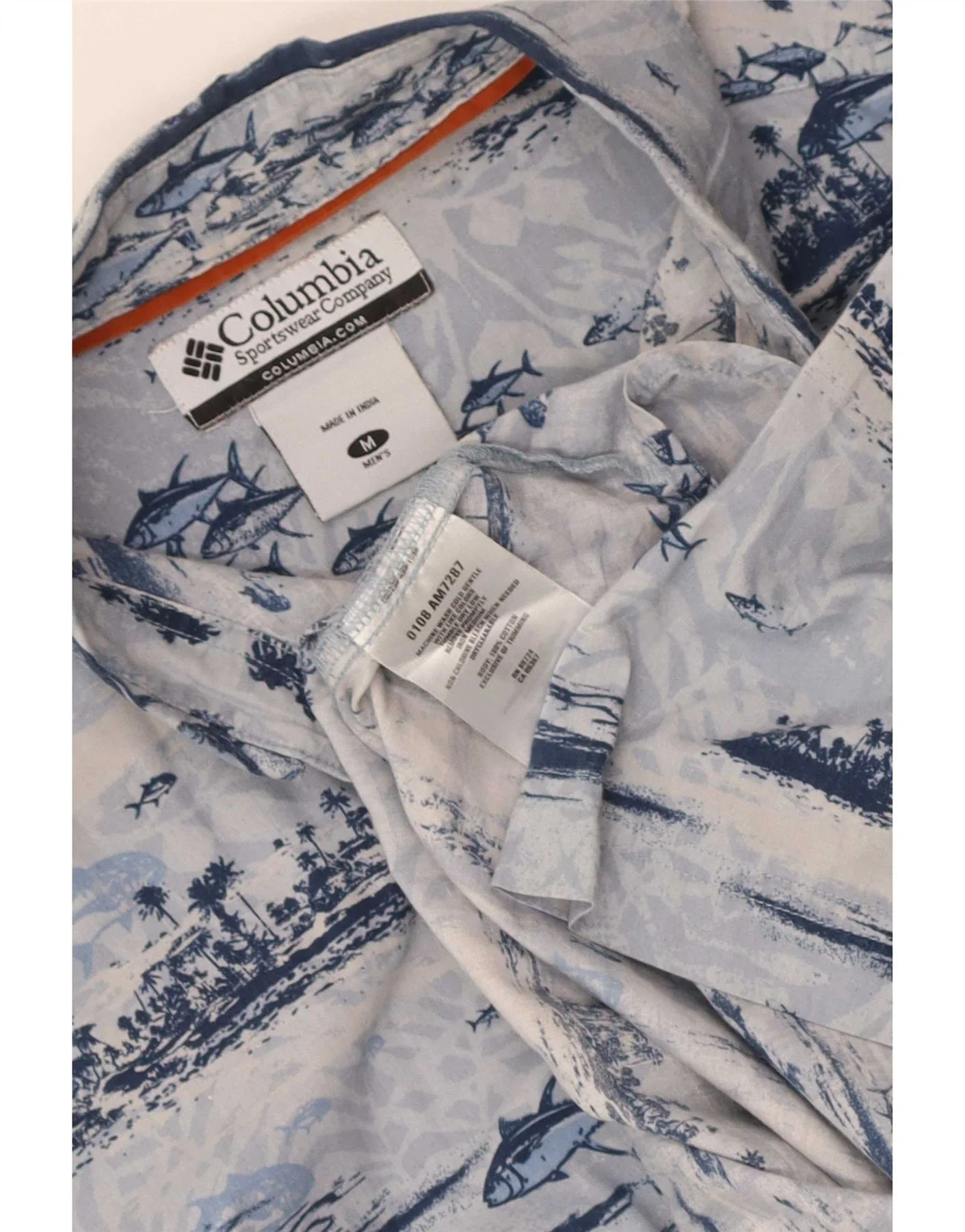 Columbia Mens Abstract Pattern Short Sleeve Shirt Medium Blue Cotton - Image 3
