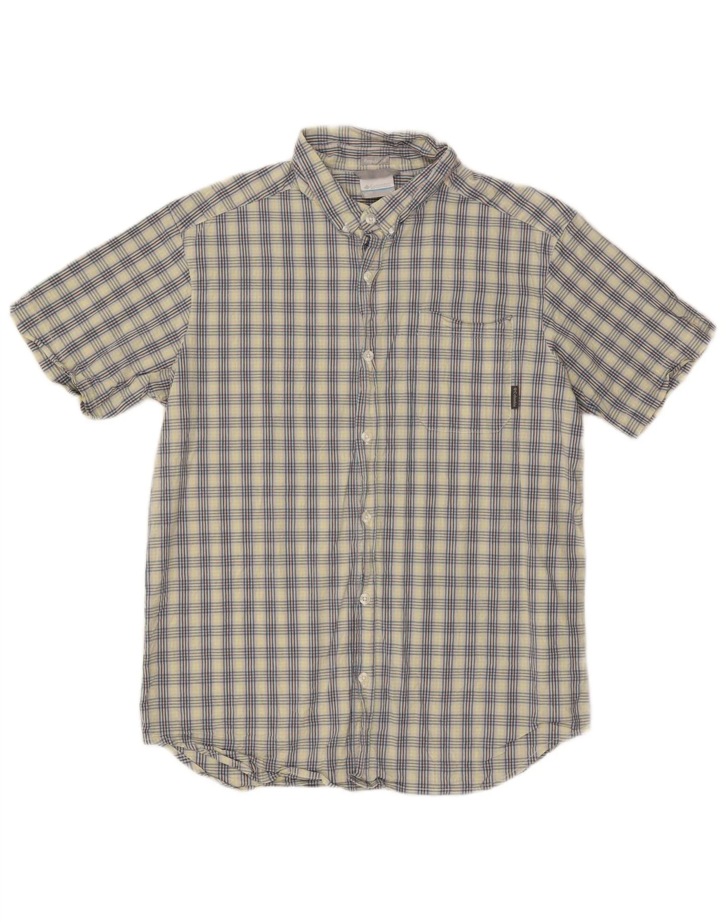 Columbia Mens Short Sleeve Regular Fit Shirt Large Blue Check Cotton