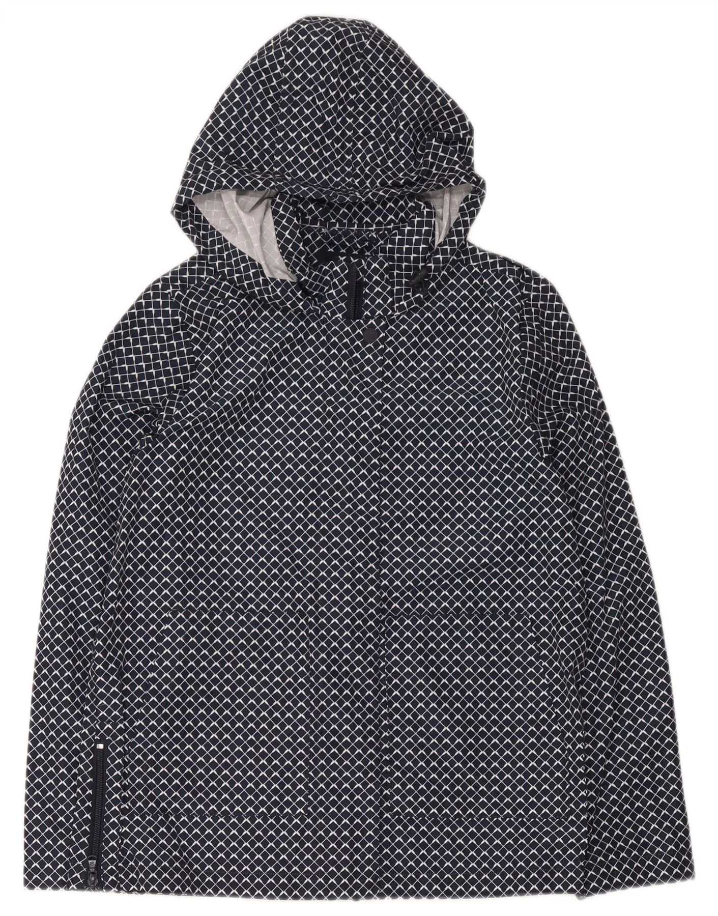 Crew Clothing Womens Hooded Rain Jacket UK 10 Small Navy Blue Geometric