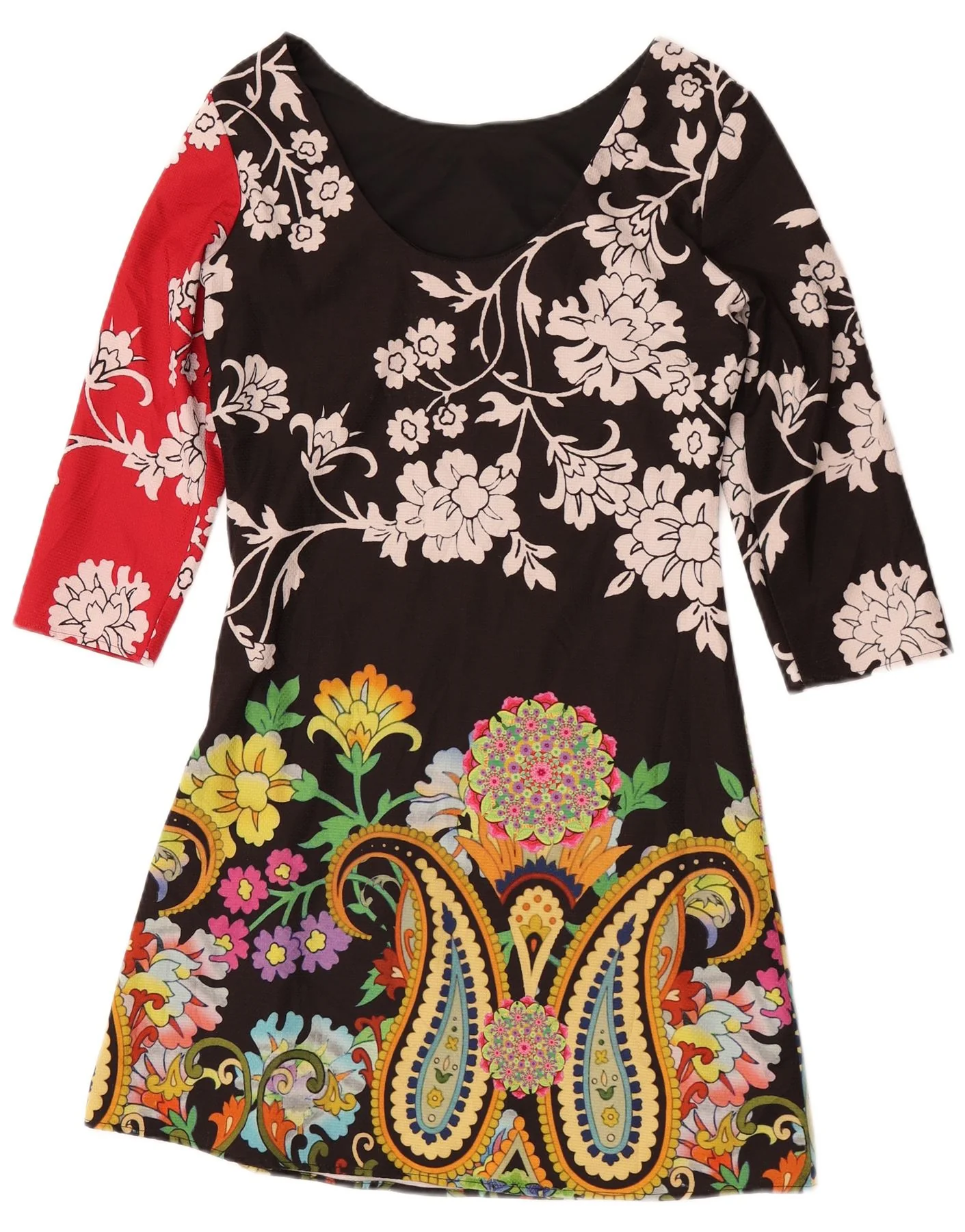 Desigual Womens 3/4 Sleeve A-Line Dress EU 36 Small Black Floral Polyester