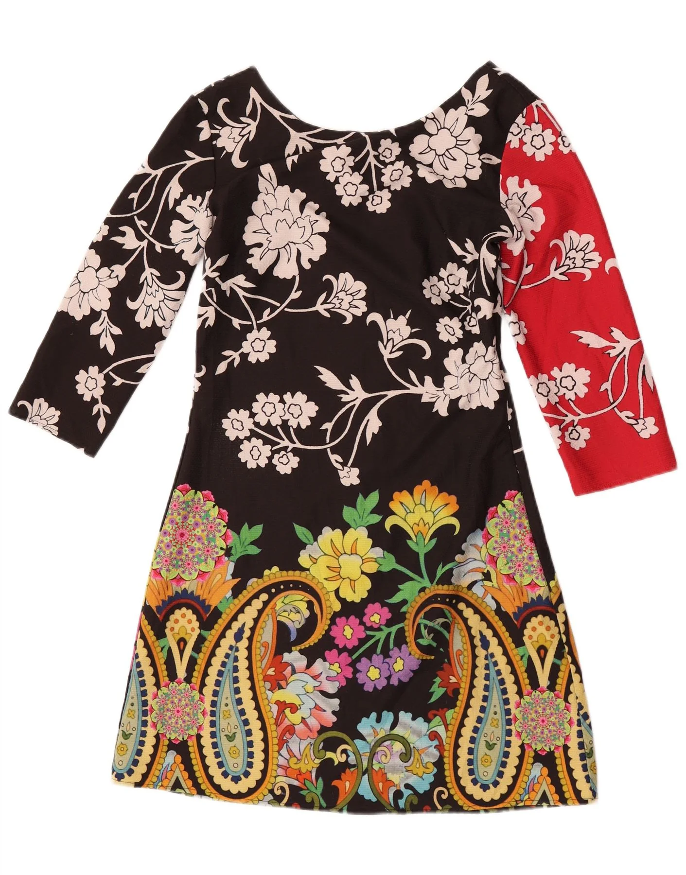 Desigual Womens 3/4 Sleeve A-Line Dress EU 36 Small Black Floral Polyester - Image 2