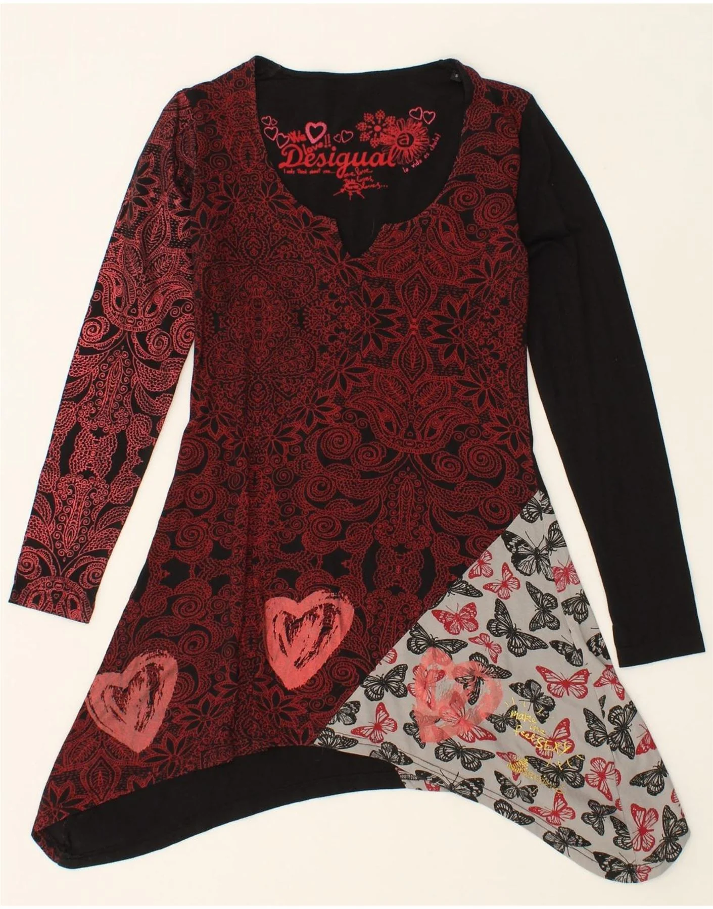 DESIGUAL Womens Graphic Asymmetric Tunic Top UK 10 Small Black Paisley