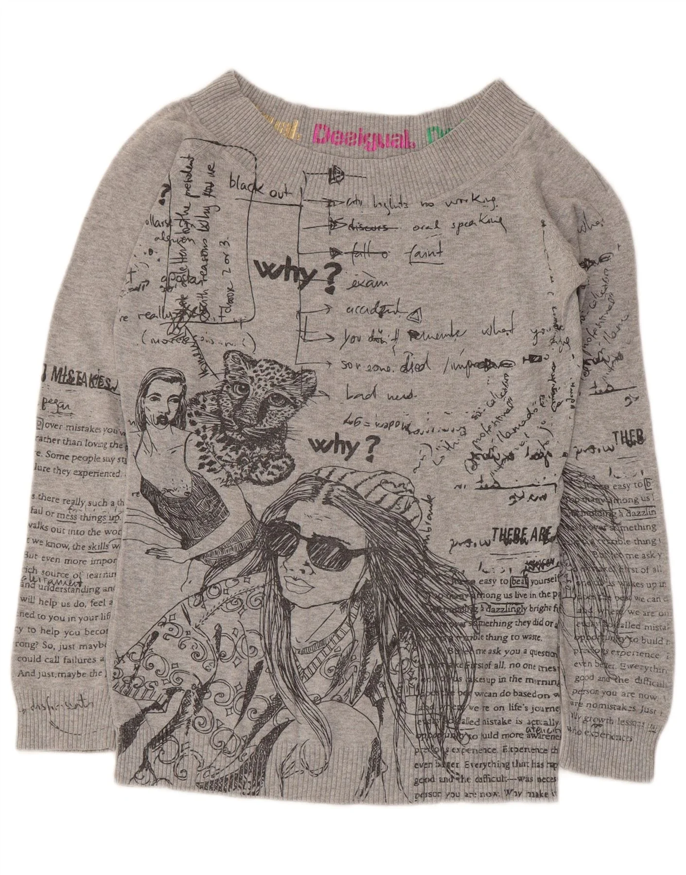 Desigual Womens Graphic Boat Neck Jumper Sweater UK 14 Large Grey Cotton