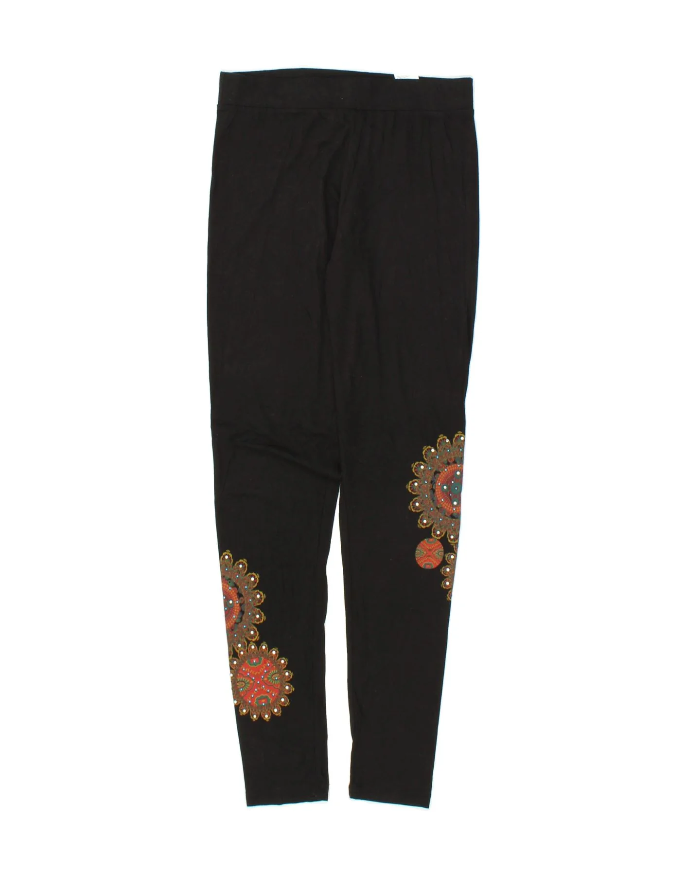DESIGUAL Womens Graphic Leggings UK 14 Large  Black Floral Cotton