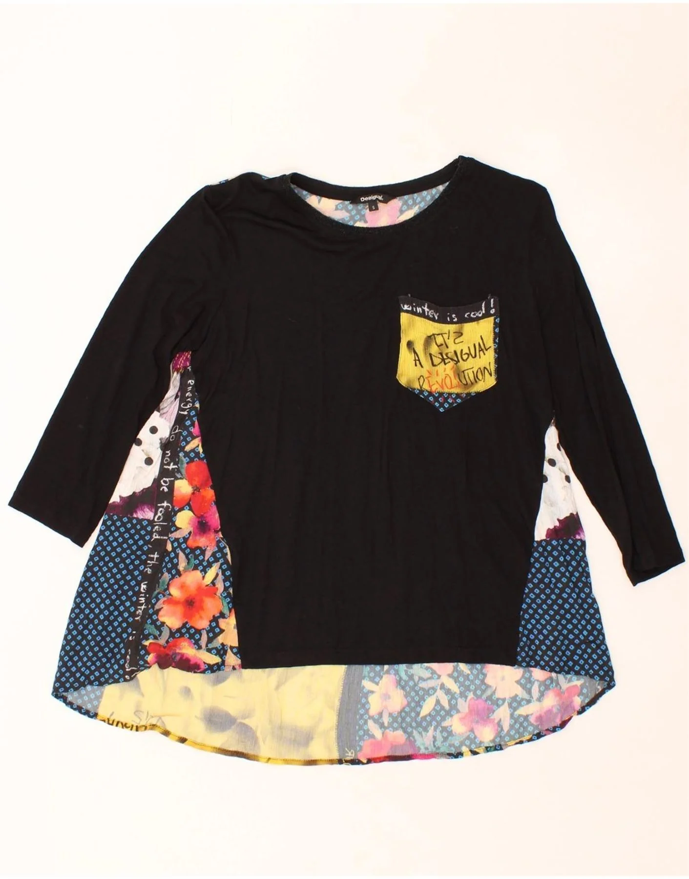 DESIGUAL Womens Graphic Top 3/4 Sleeve UK 10 Small Multicoloured Floral