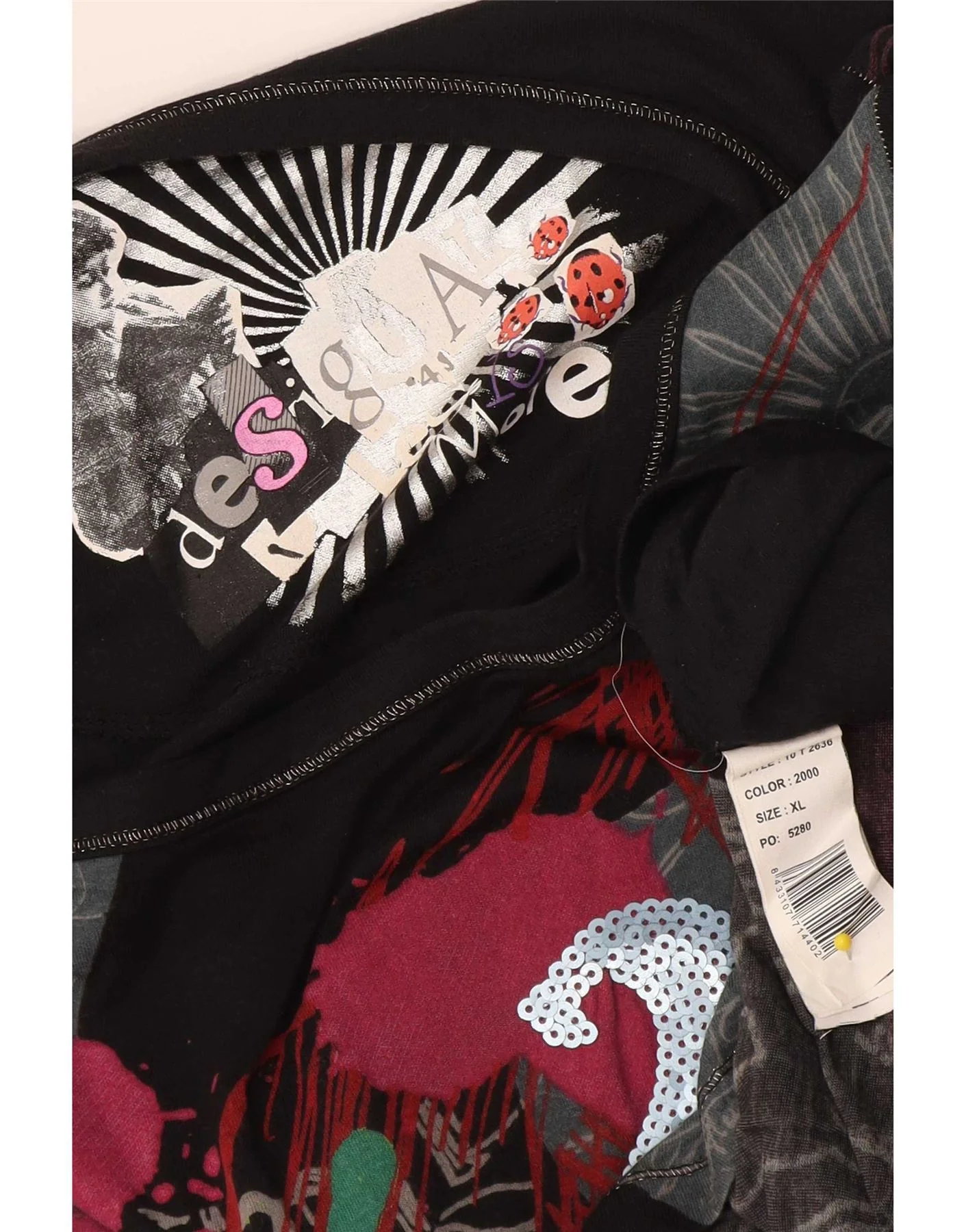 Desigual Womens Graphic Top Long Sleeve UK 14 Medium Black Floral Viscose - Image 3