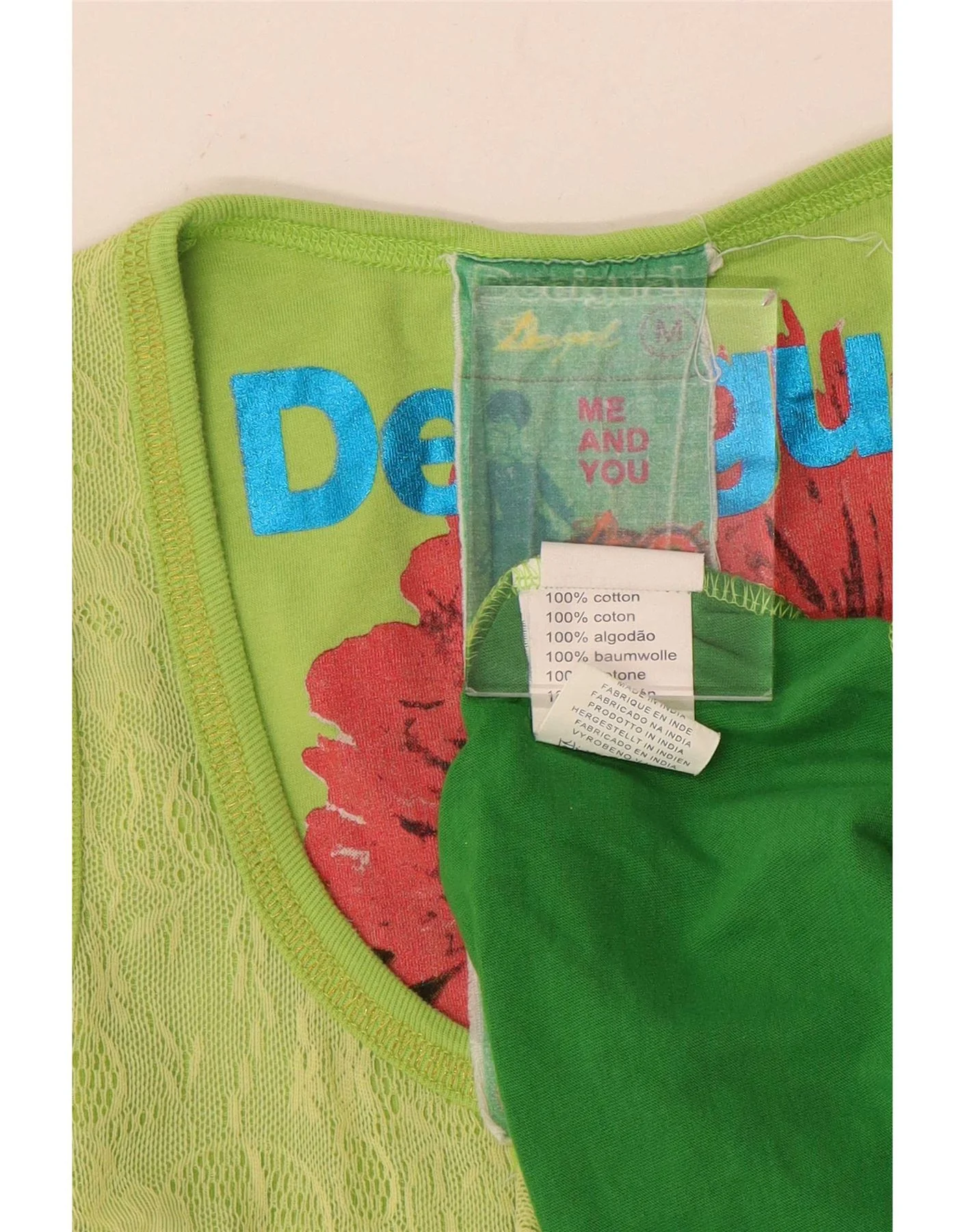 Desigual Womens Graphic Vest Top UK 12 Medium Green Geometric Cotton - Image 3