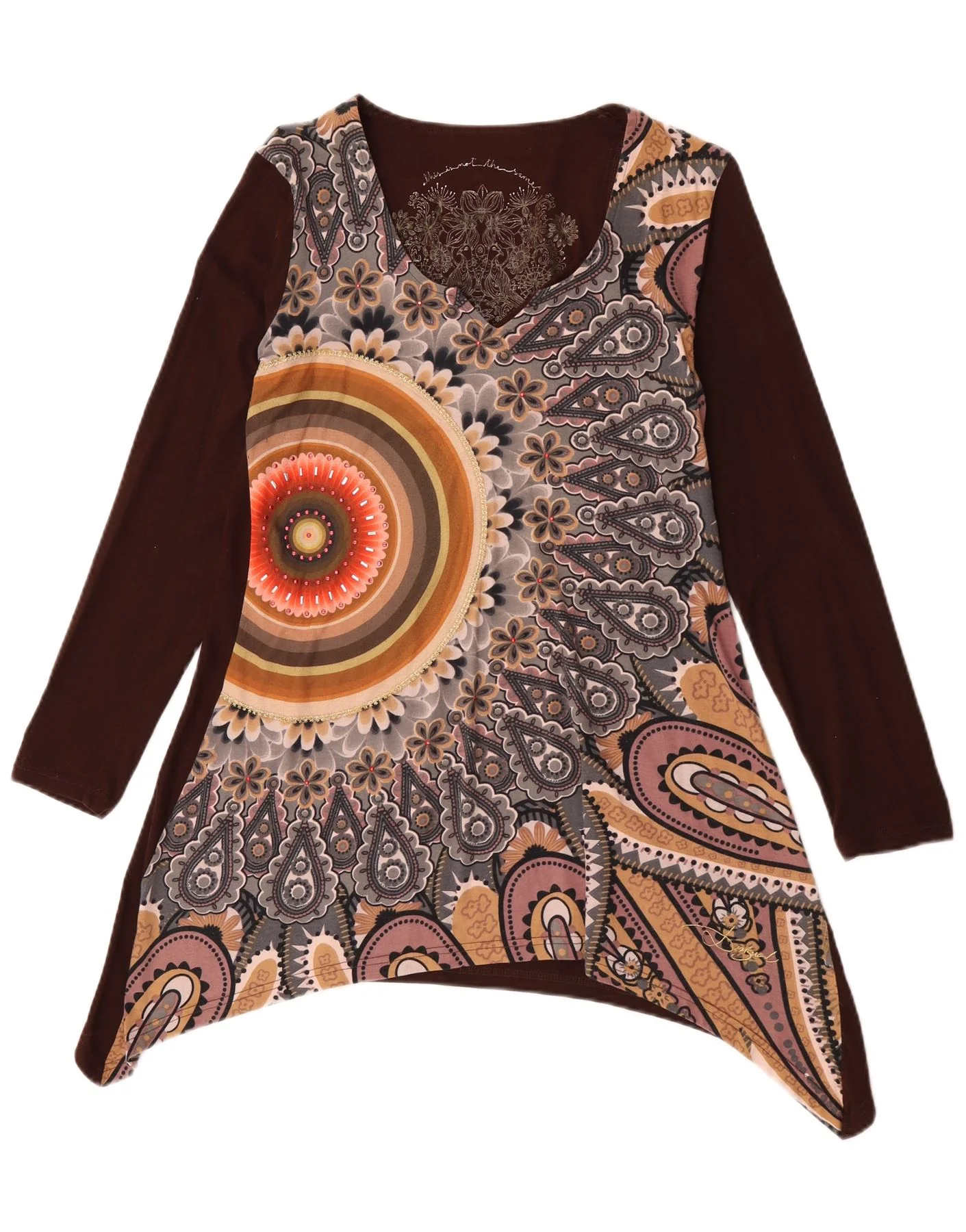 Desigual Womens Long Sleeve Asymmetric Tunic Top UK 14 Large Brown Floral